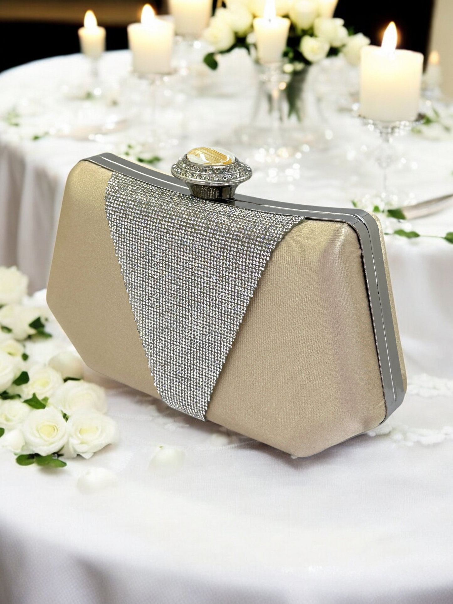 Lüks Saten Abiye Çanta | İnci Detaylı Kristal Gece Clutch