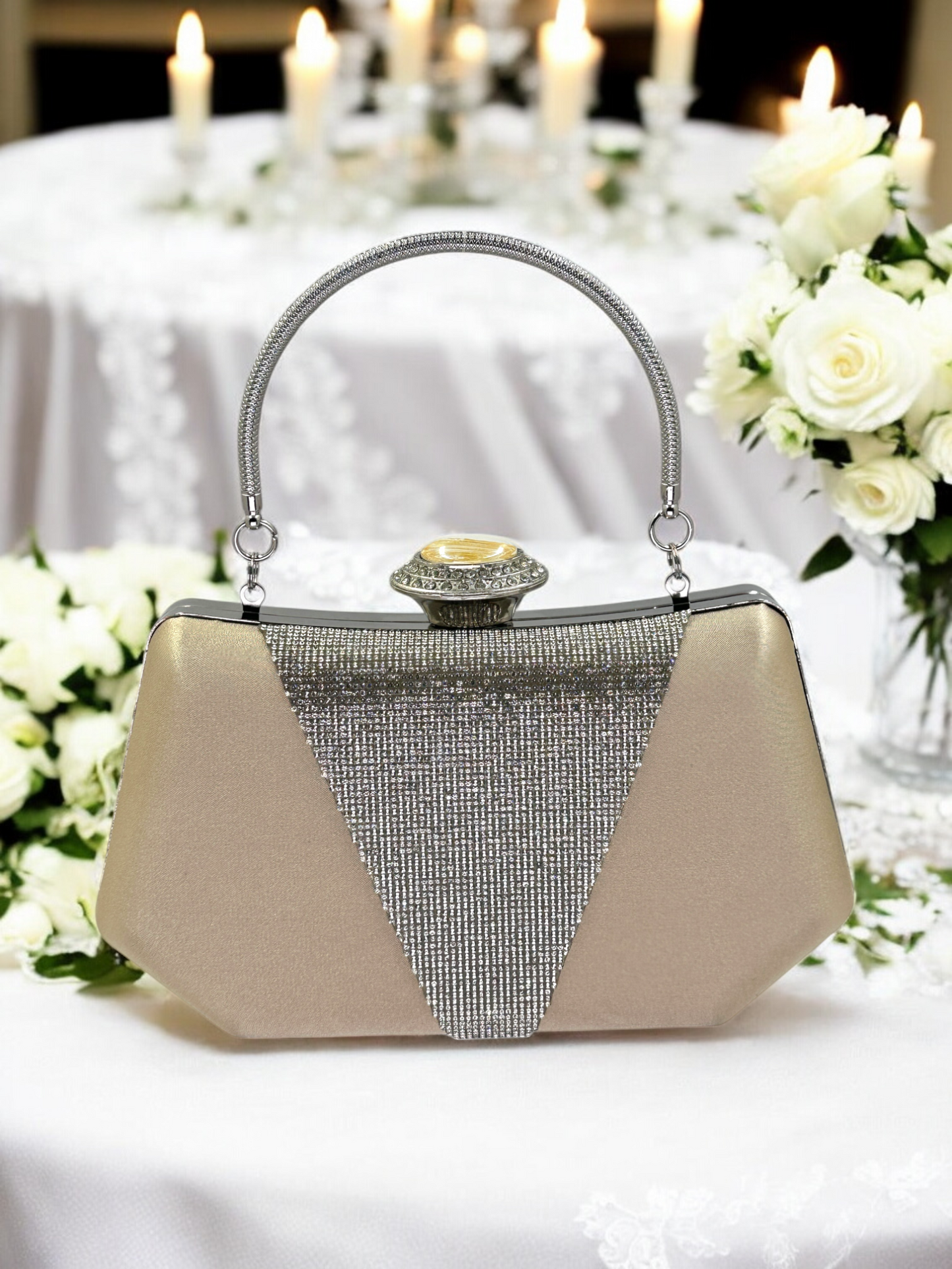 Lüks Saten Abiye Çanta | İnci Detaylı Kristal Gece Clutch