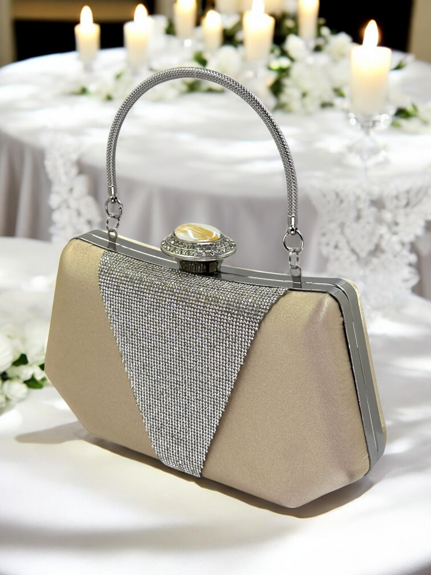 Lüks Saten Abiye Çanta | İnci Detaylı Kristal Gece Clutch