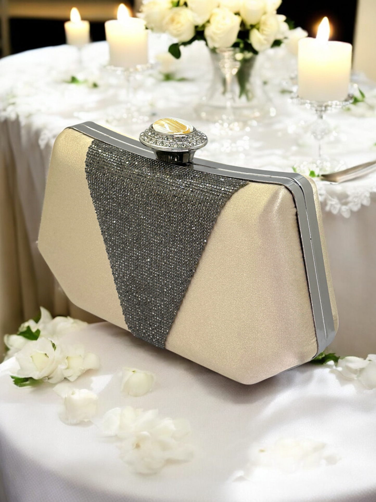 Lüks Saten Abiye Çanta | İnci Detaylı Kristal Gece Clutch