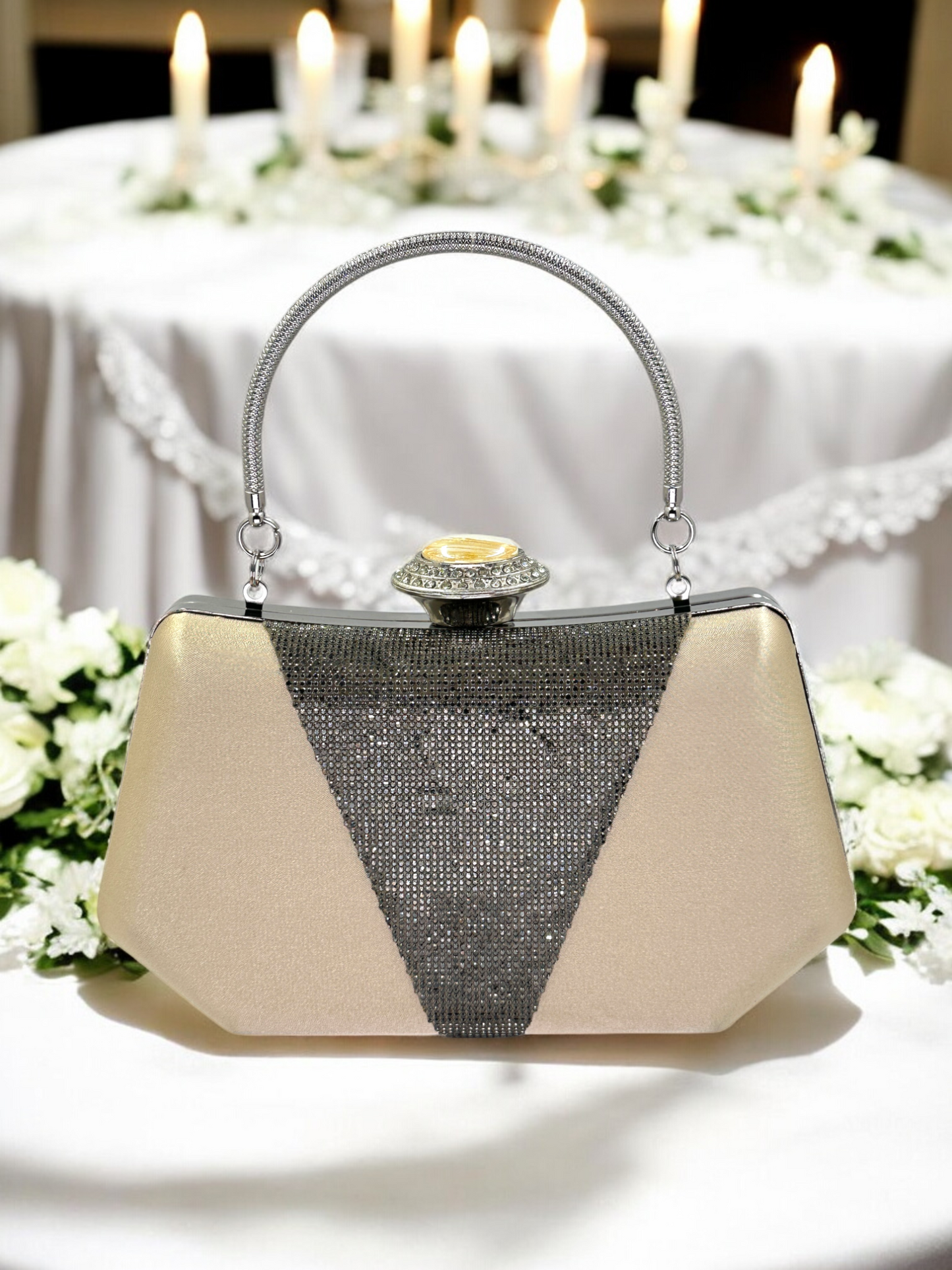 Lüks Saten Abiye Çanta | İnci Detaylı Kristal Gece Clutch