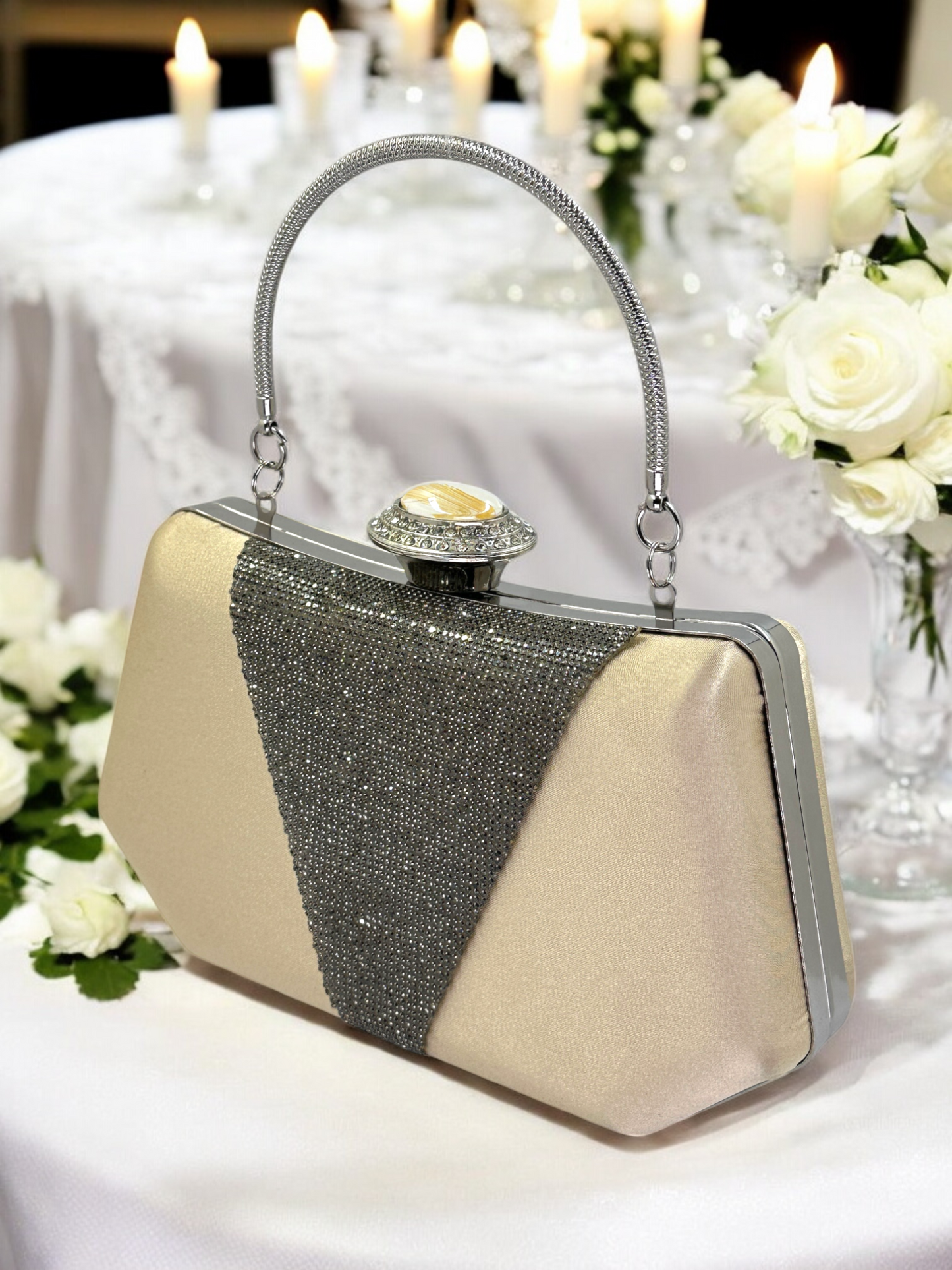 Lüks Saten Abiye Çanta | İnci Detaylı Kristal Gece Clutch