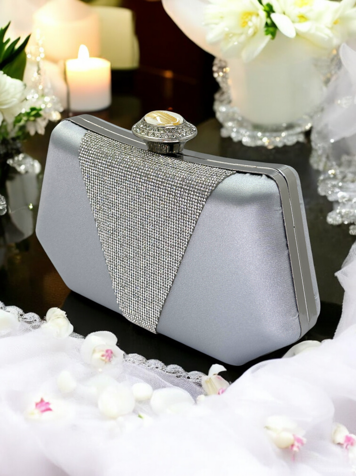 Lüks Saten Abiye Çanta | İnci Detaylı Kristal Gece Clutch