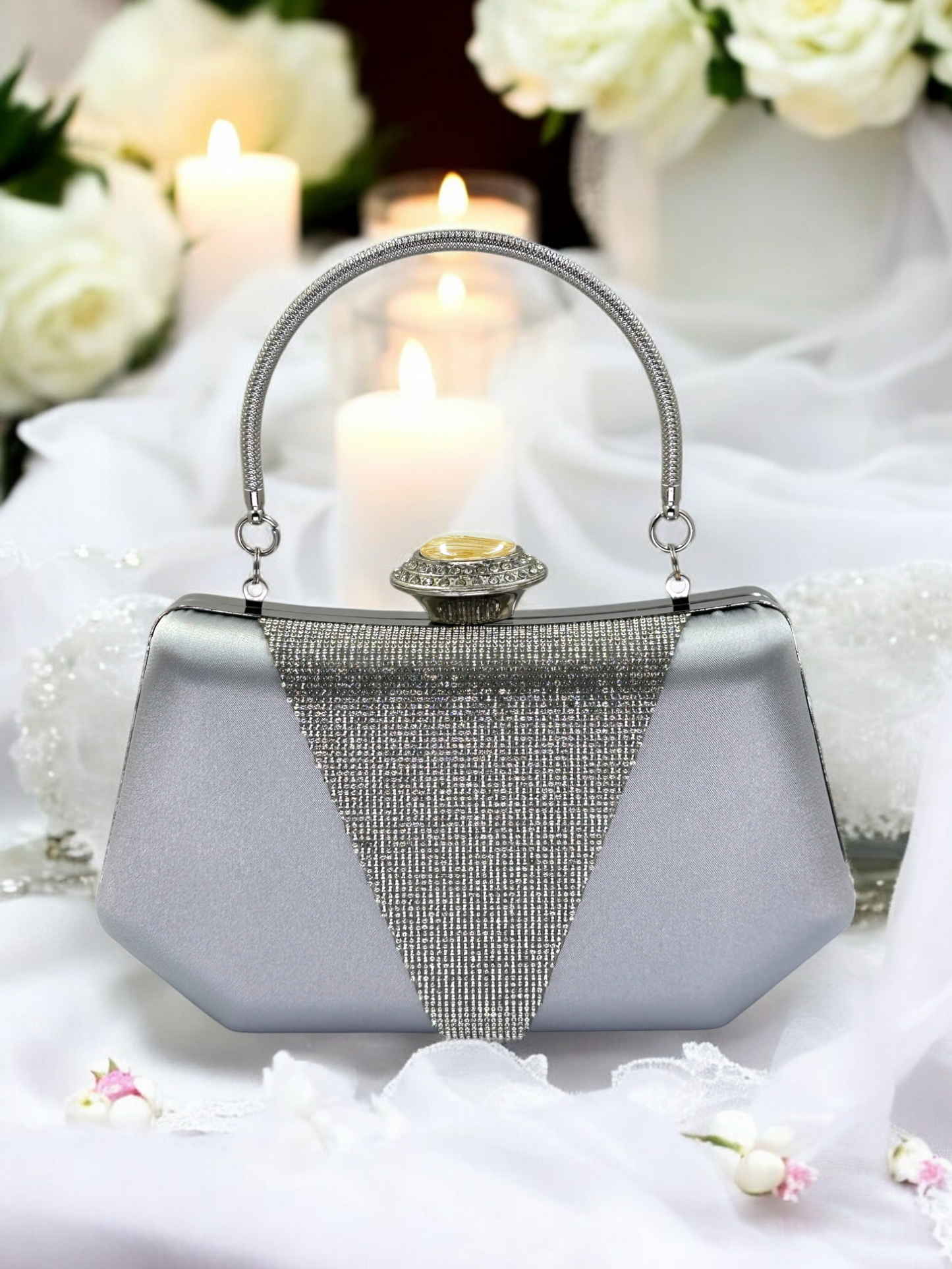 Lüks Saten Abiye Çanta | İnci Detaylı Kristal Gece Clutch