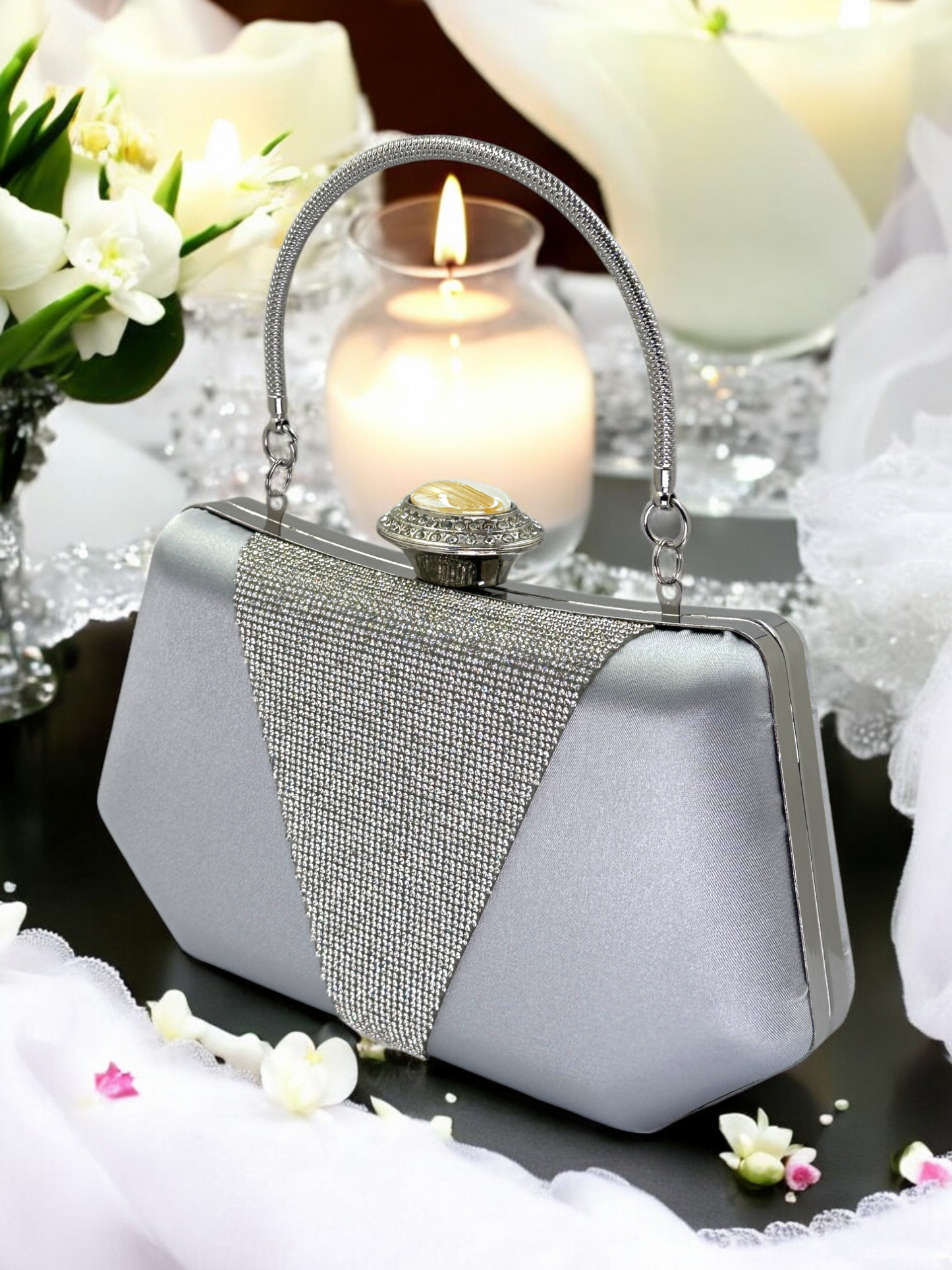 Lüks Saten Abiye Çanta | İnci Detaylı Kristal Gece Clutch