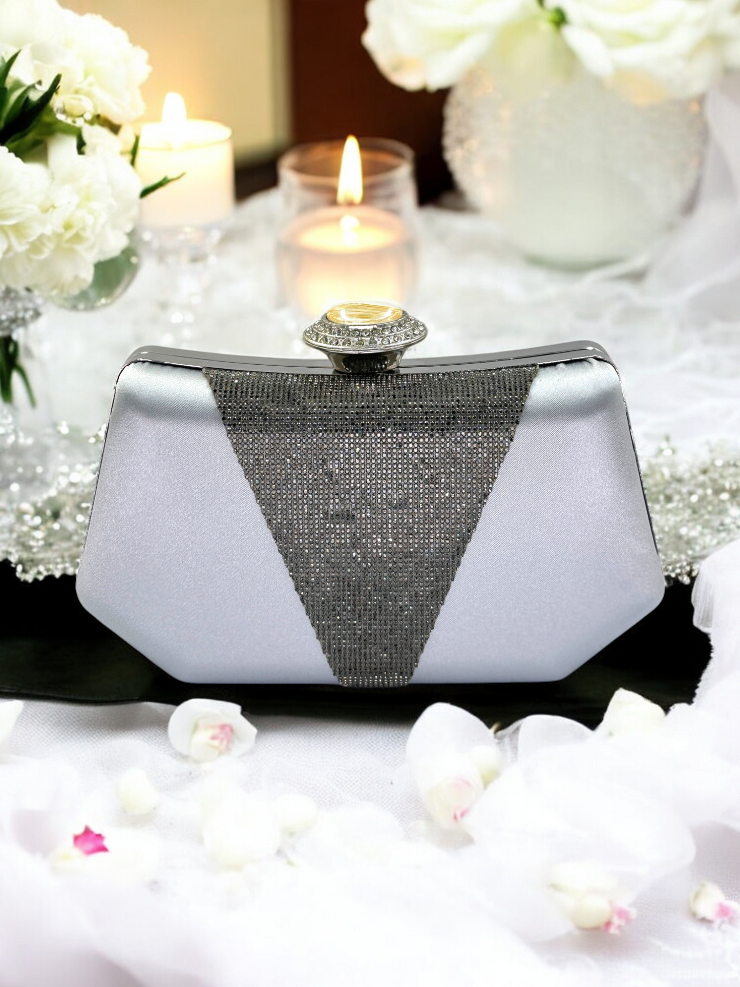 Lüks Saten Abiye Çanta | İnci Detaylı Kristal Gece Clutch