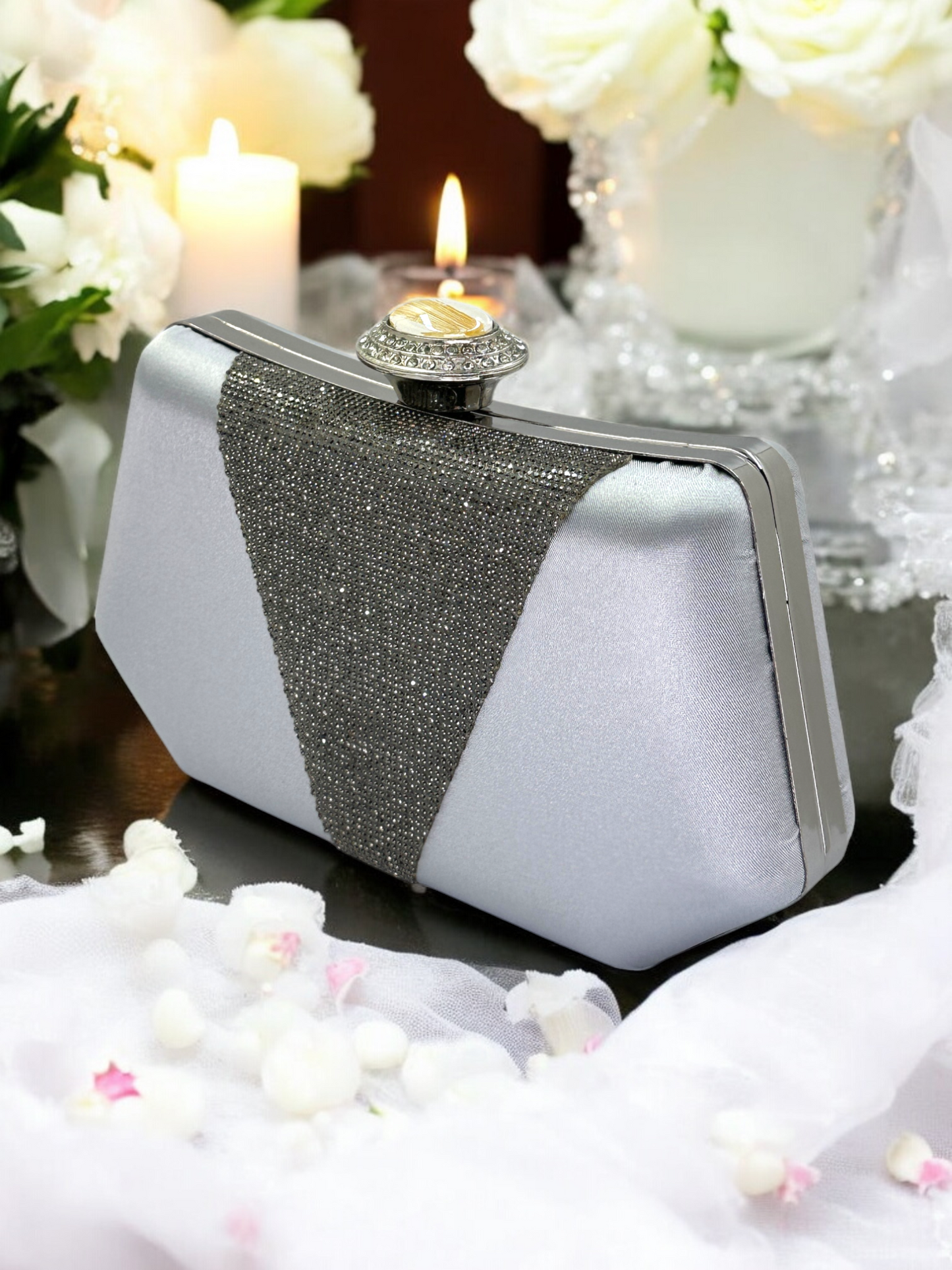 Lüks Saten Abiye Çanta | İnci Detaylı Kristal Gece Clutch