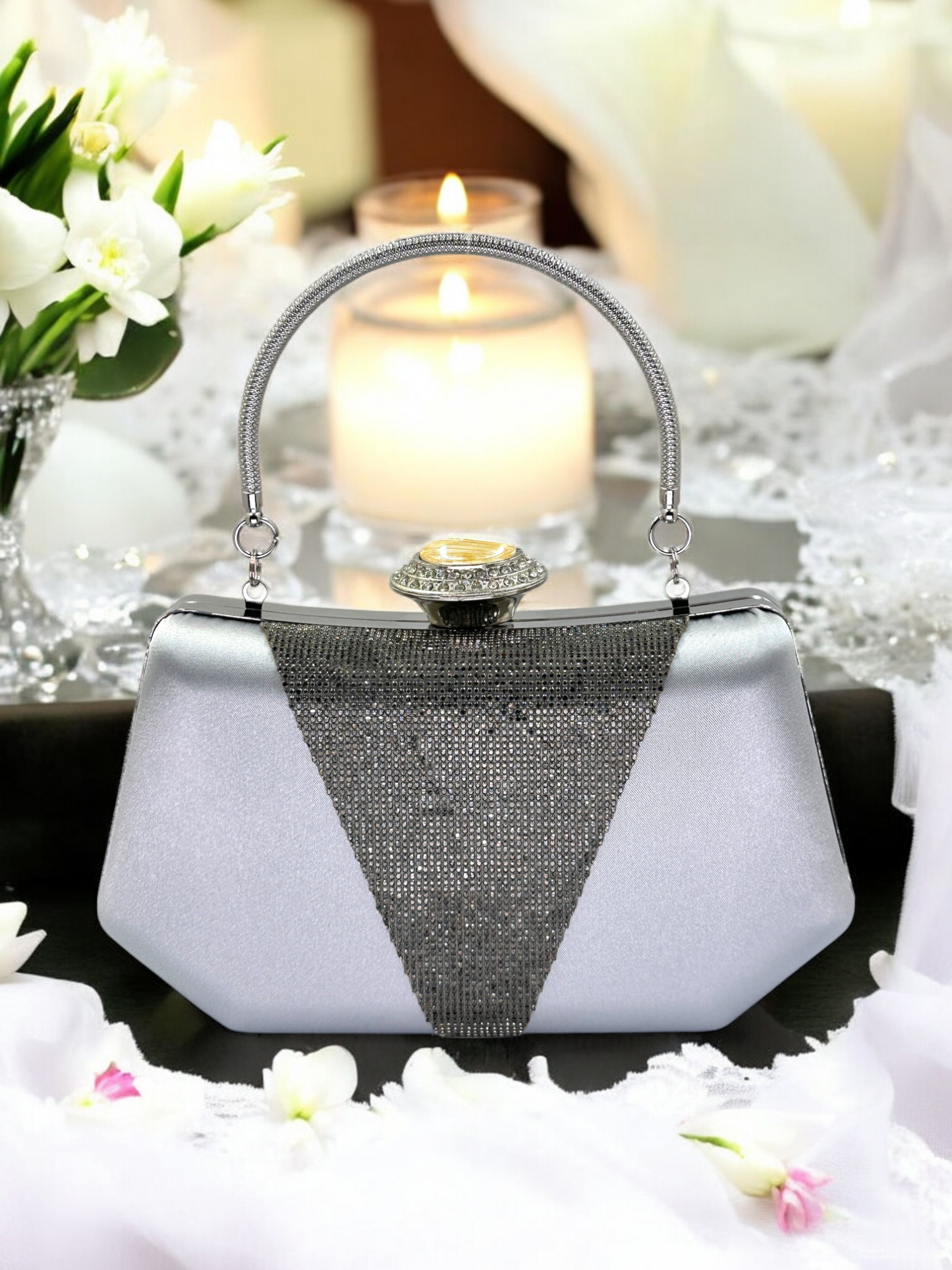 Lüks Saten Abiye Çanta | İnci Detaylı Kristal Gece Clutch