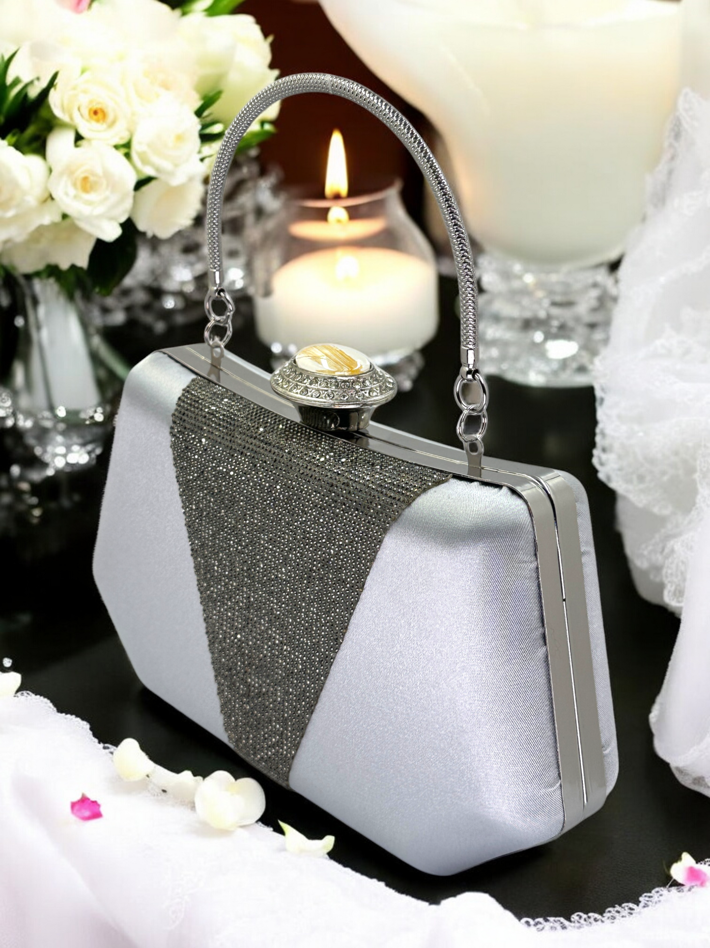 Lüks Saten Abiye Çanta | İnci Detaylı Kristal Gece Clutch