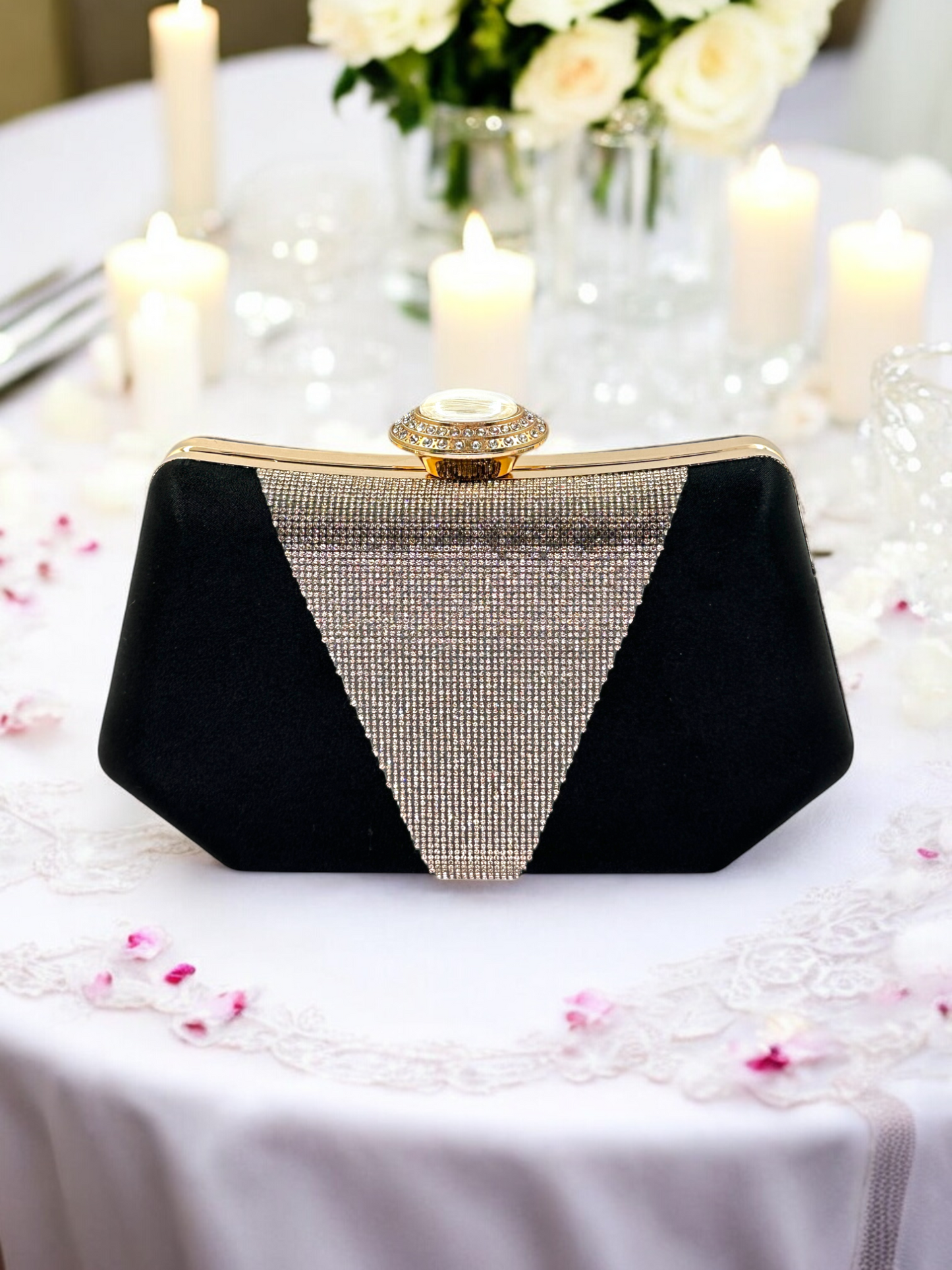 Lüks Saten Abiye Çanta | İnci Detaylı Kristal Gece Clutch