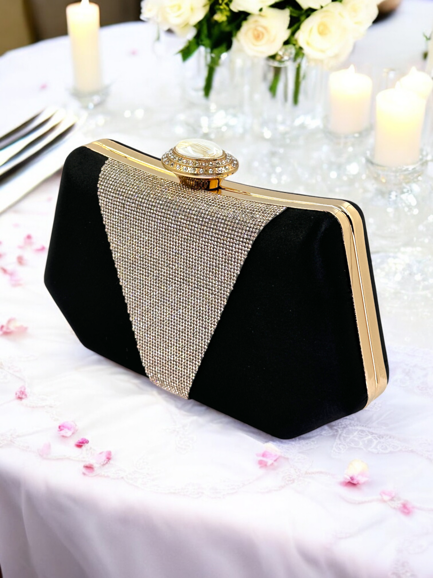 Lüks Saten Abiye Çanta | İnci Detaylı Kristal Gece Clutch