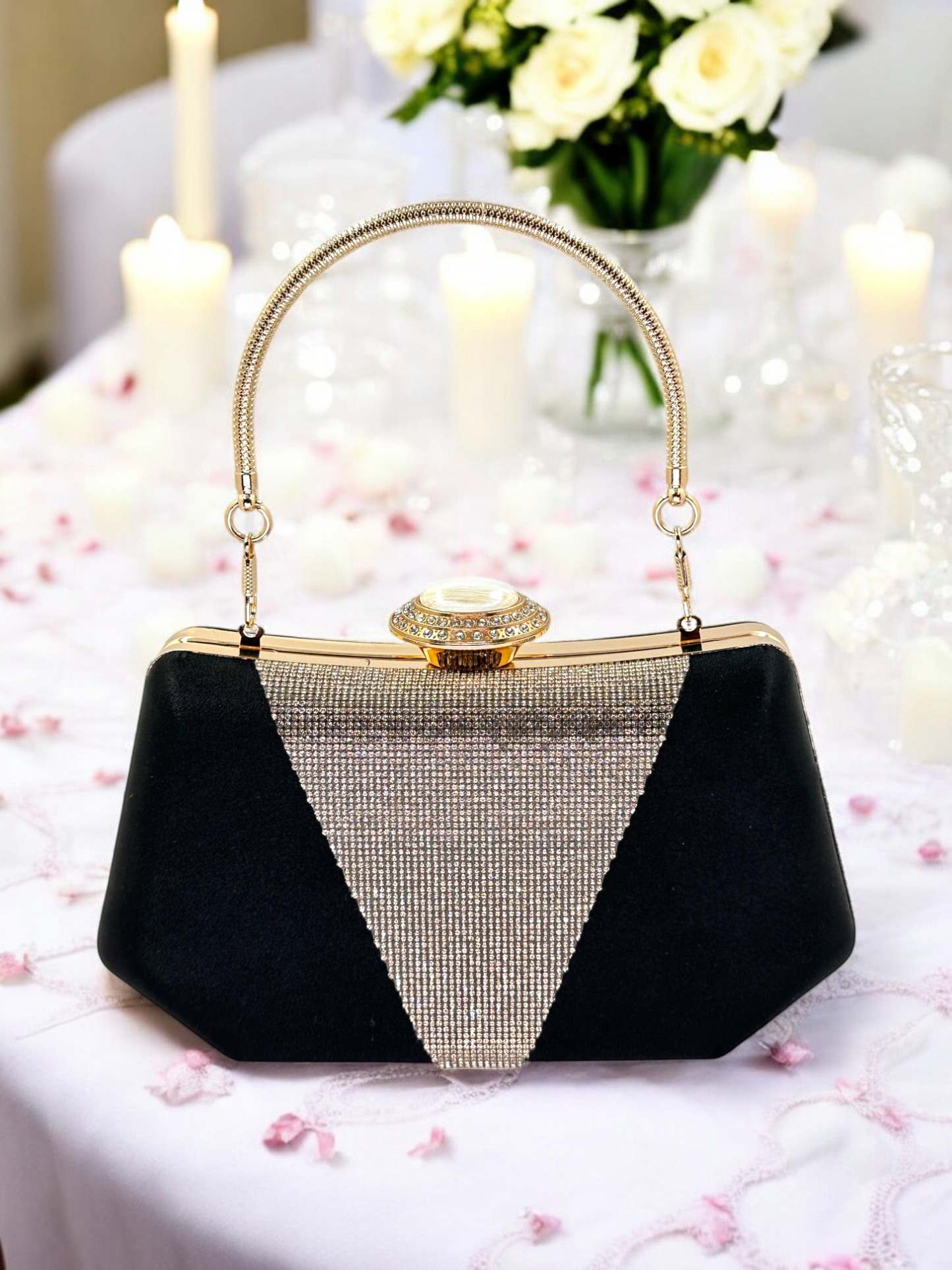 Lüks Saten Abiye Çanta | İnci Detaylı Kristal Gece Clutch