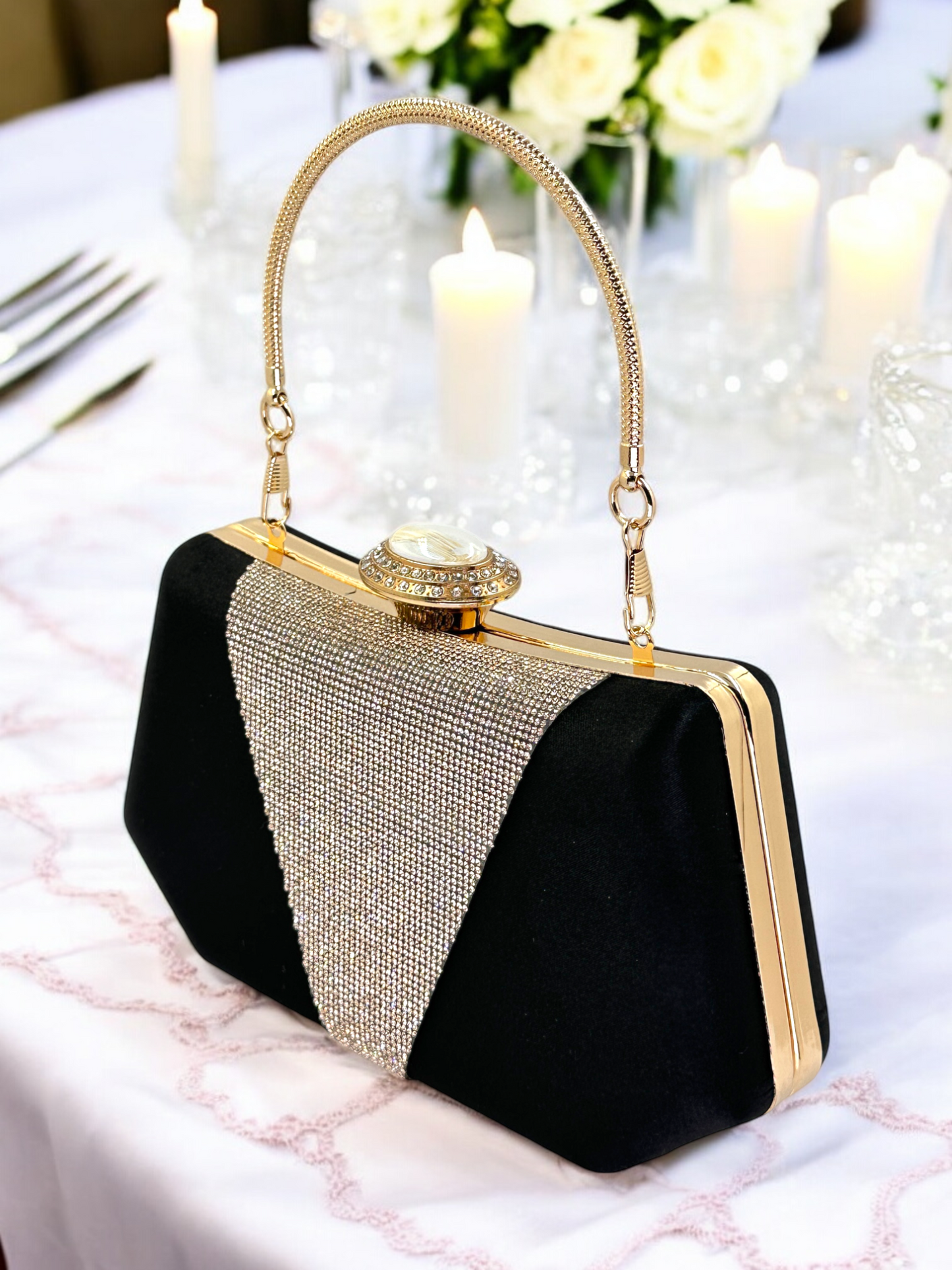 Lüks Saten Abiye Çanta | İnci Detaylı Kristal Gece Clutch