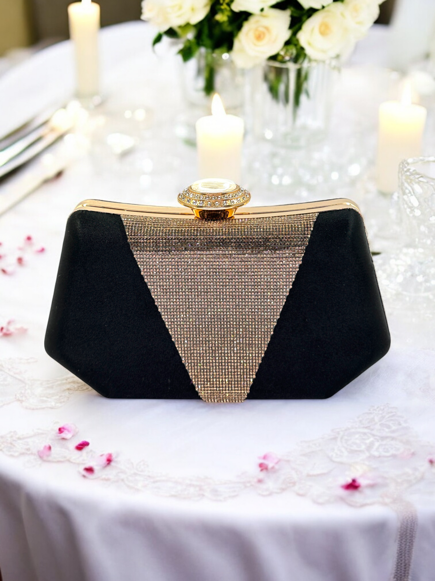 Lüks Saten Abiye Çanta | İnci Detaylı Kristal Gece Clutch