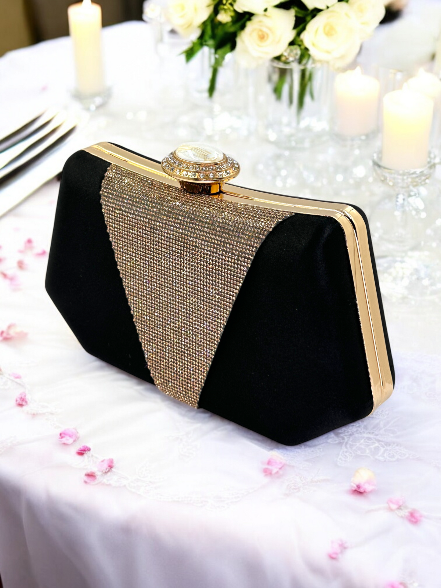 Lüks Saten Abiye Çanta | İnci Detaylı Kristal Gece Clutch