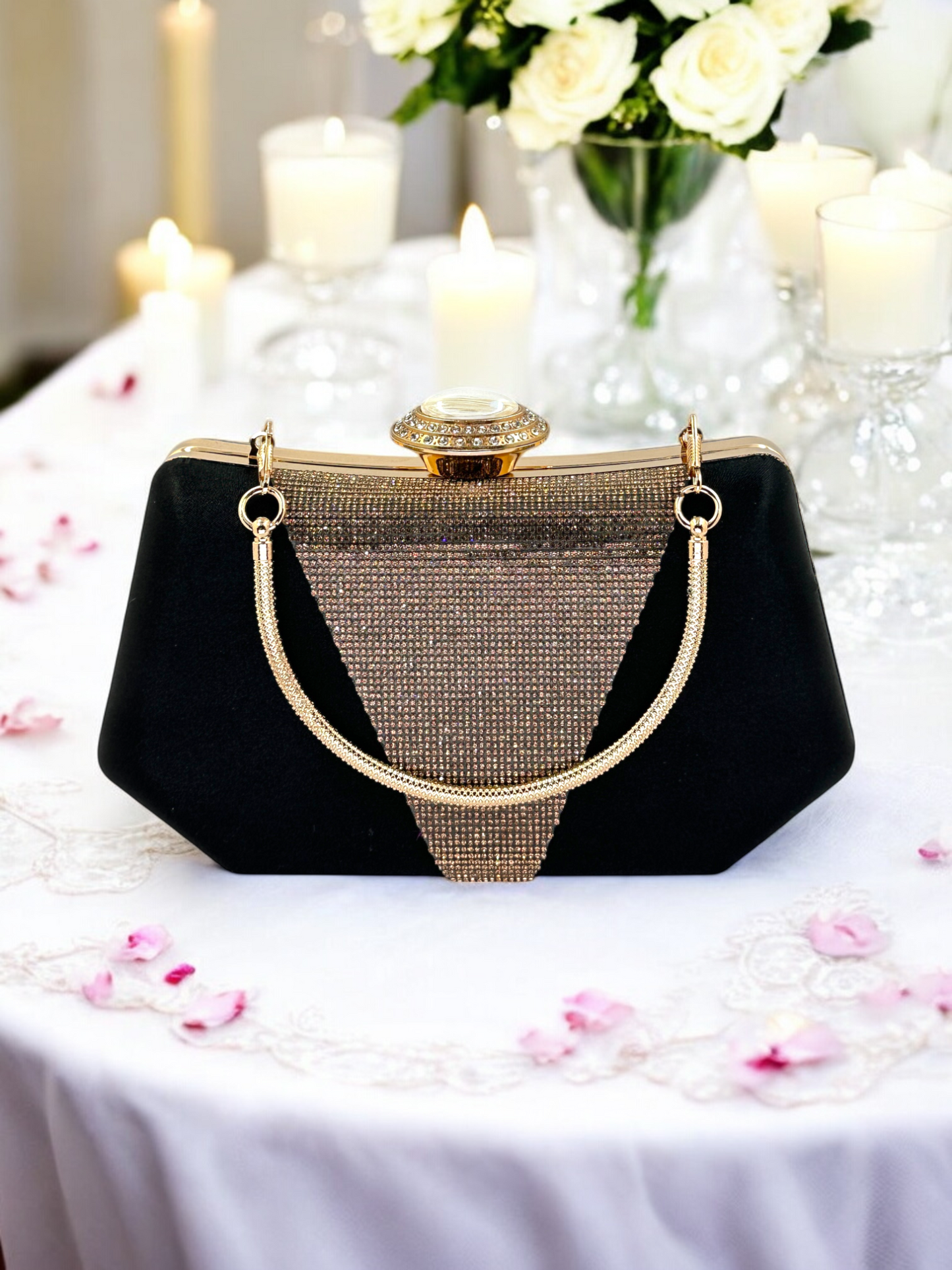 Lüks Saten Abiye Çanta | İnci Detaylı Kristal Gece Clutch