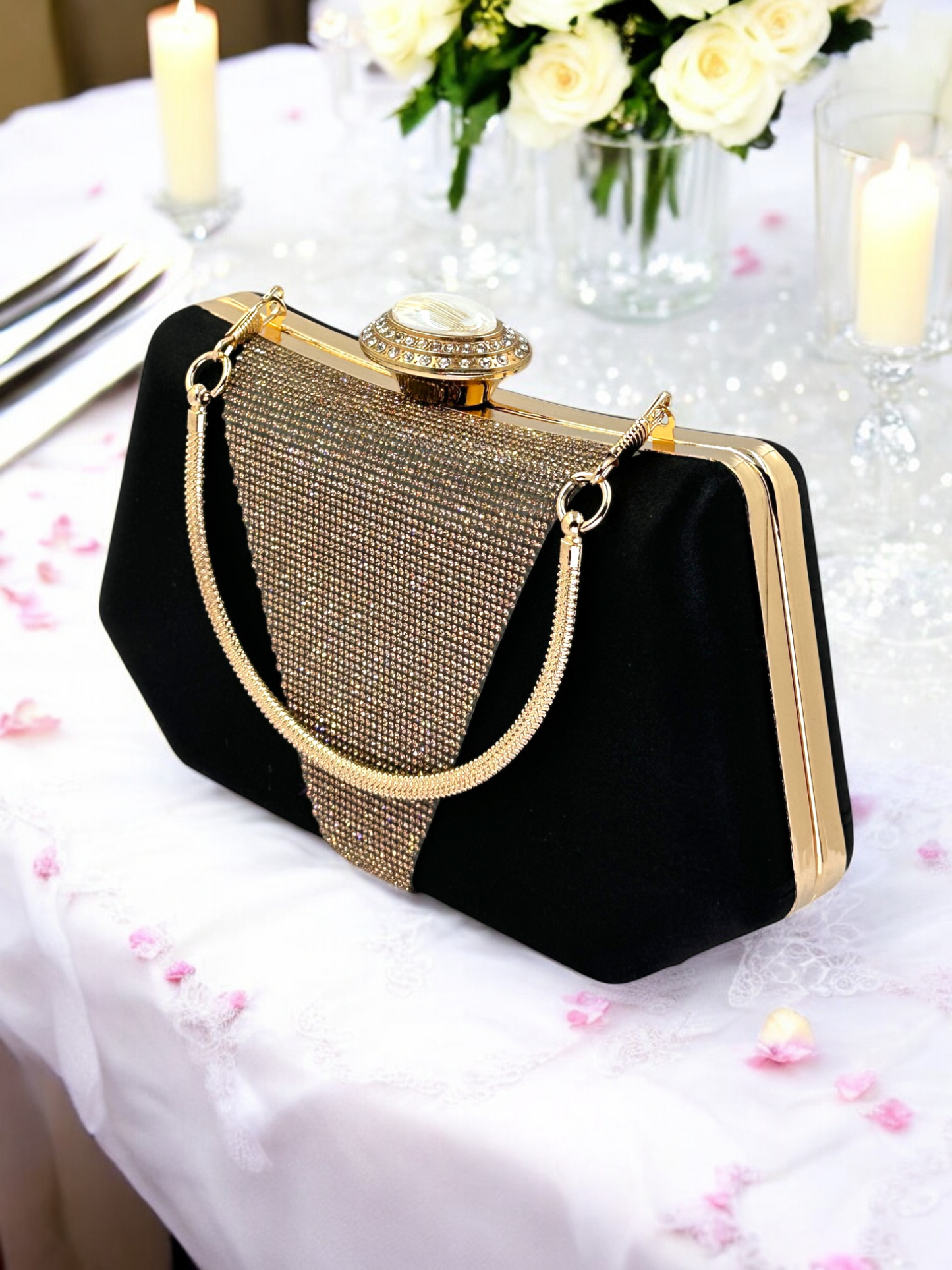 Lüks Saten Abiye Çanta | İnci Detaylı Kristal Gece Clutch