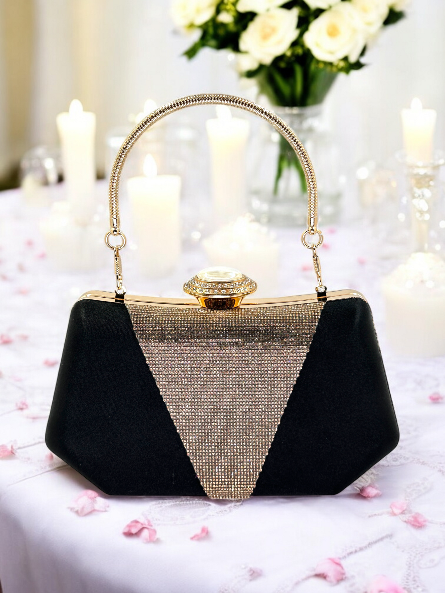 Lüks Saten Abiye Çanta | İnci Detaylı Kristal Gece Clutch