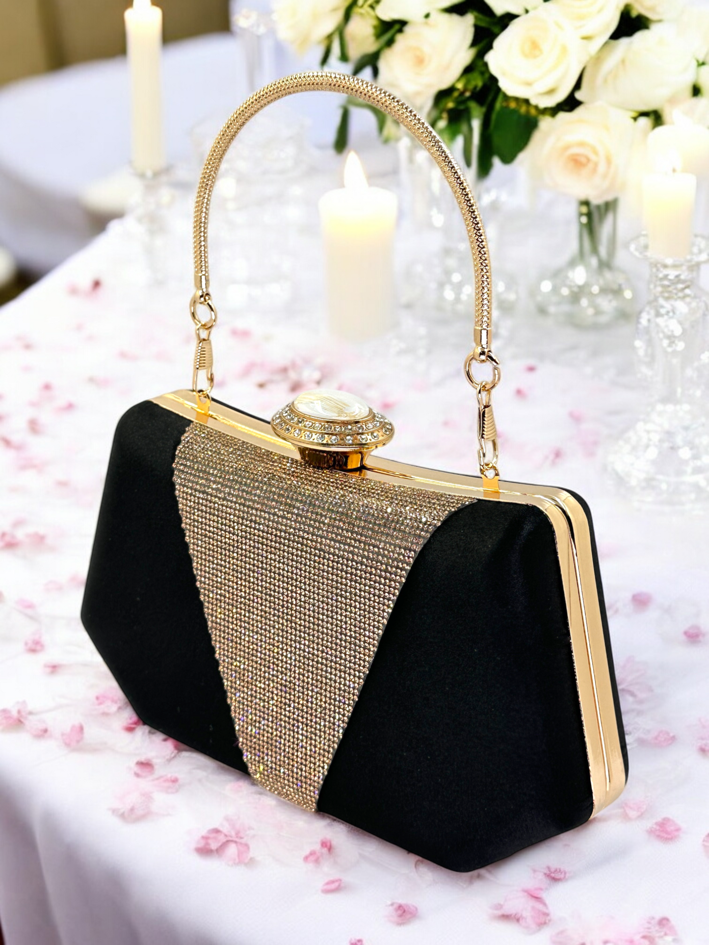 Lüks Saten Abiye Çanta | İnci Detaylı Kristal Gece Clutch