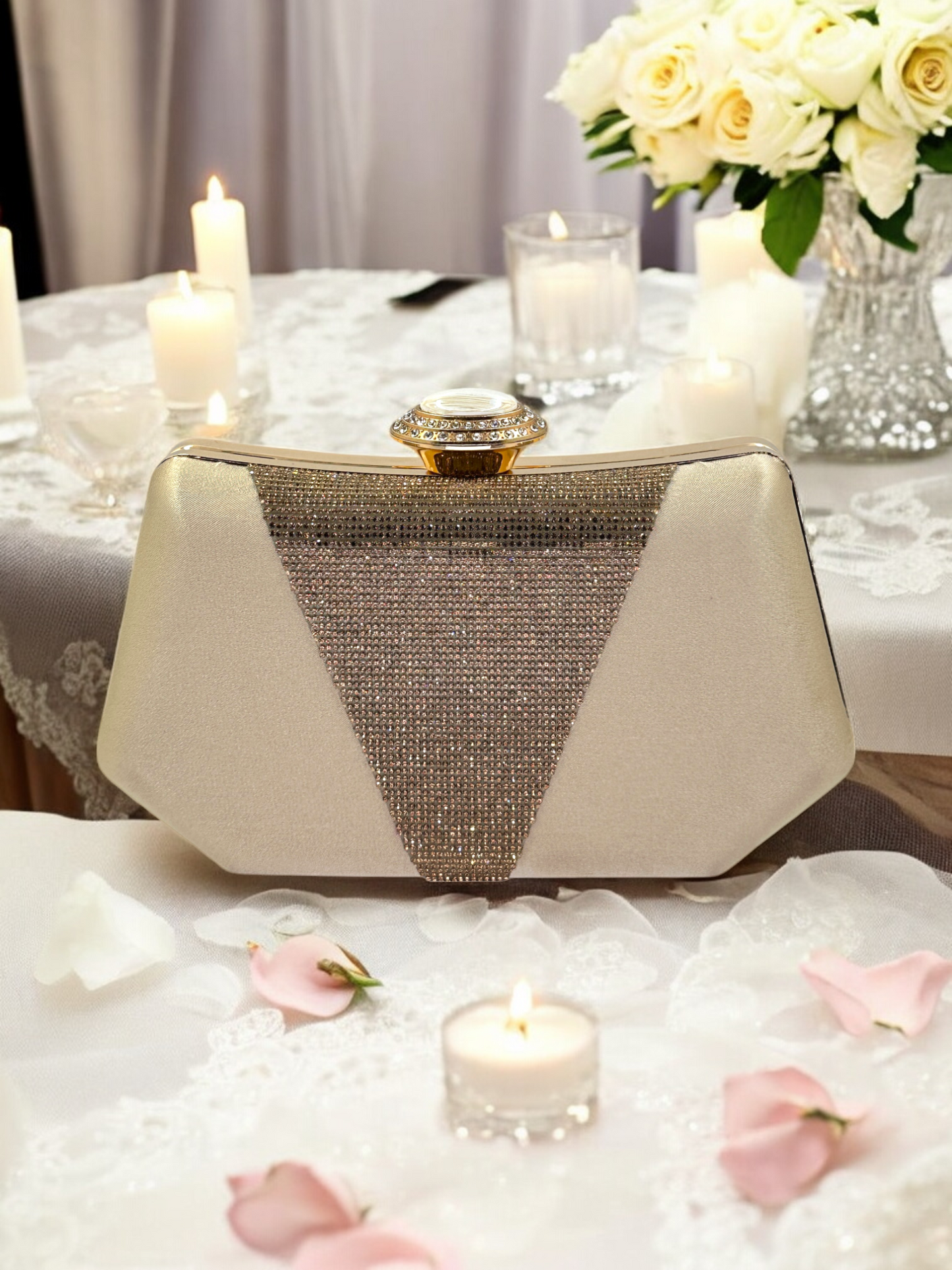 Lüks Saten Abiye Çanta | İnci Detaylı Kristal Gece Clutch