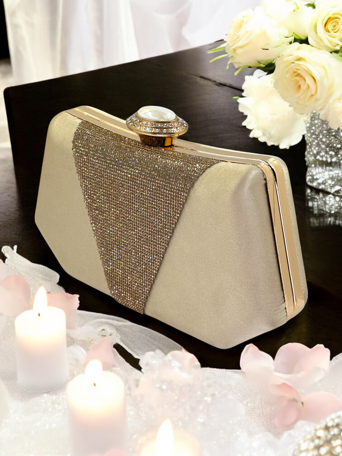 Lüks Saten Abiye Çanta | İnci Detaylı Kristal Gece Clutch