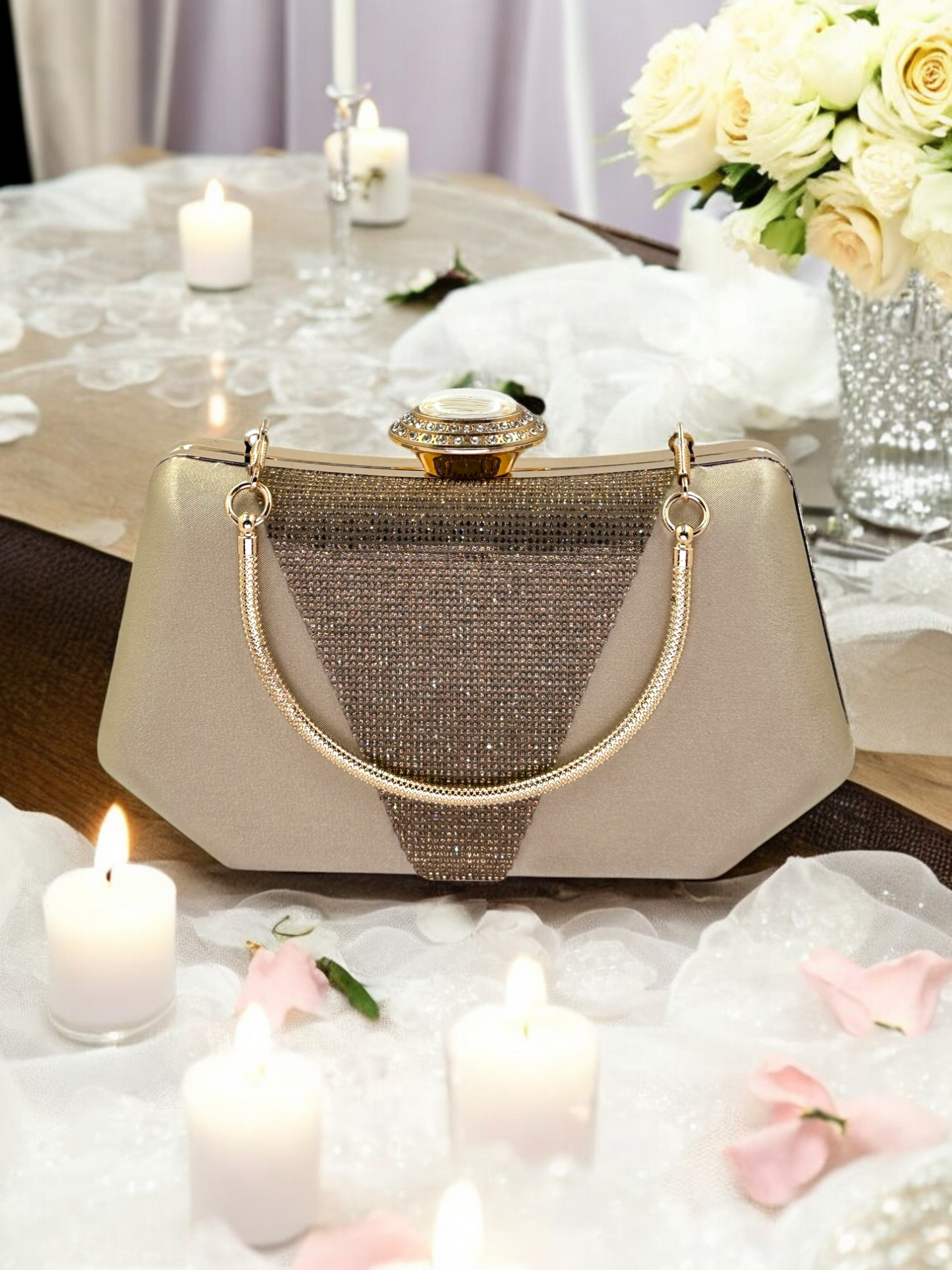 Lüks Saten Abiye Çanta | İnci Detaylı Kristal Gece Clutch