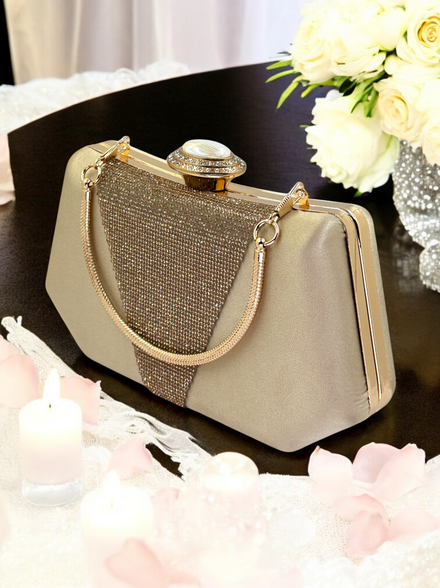 Lüks Saten Abiye Çanta | İnci Detaylı Kristal Gece Clutch