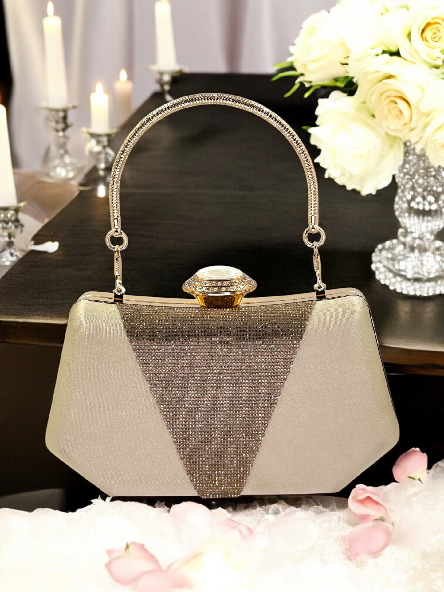 Lüks Saten Abiye Çanta | İnci Detaylı Kristal Gece Clutch