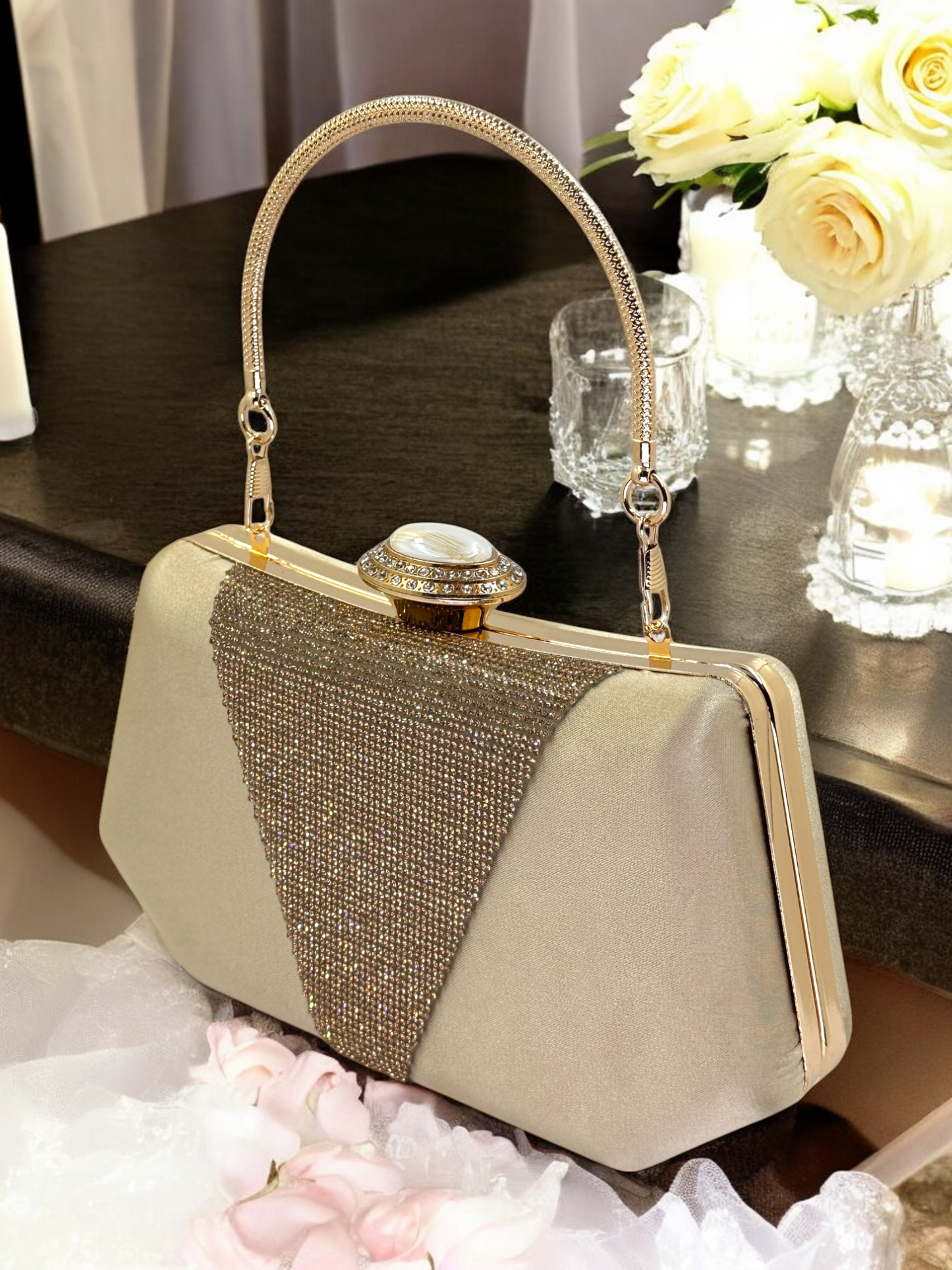 Lüks Saten Abiye Çanta | İnci Detaylı Kristal Gece Clutch