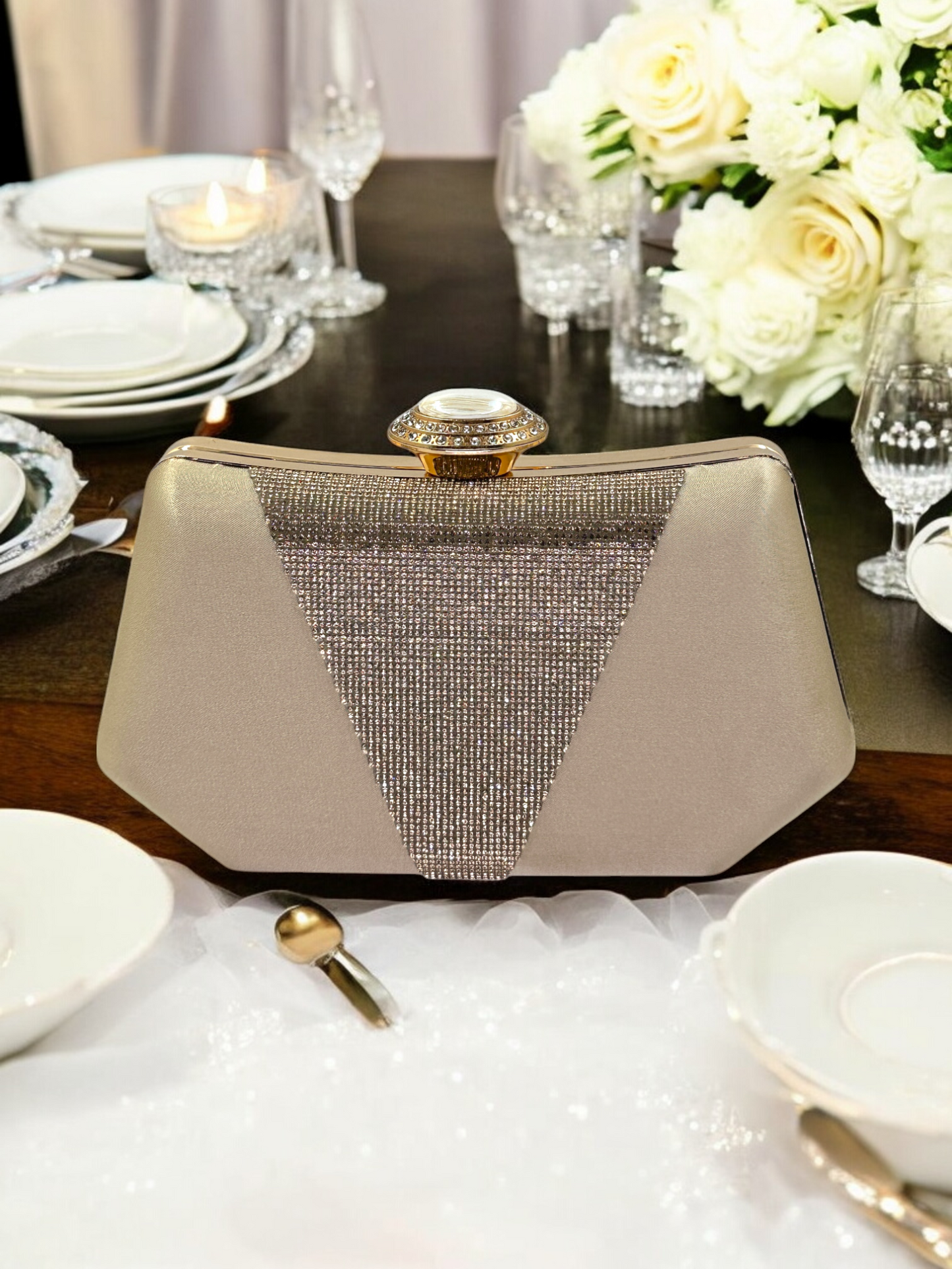 Lüks Saten Abiye Çanta | İnci Detaylı Kristal Gece Clutch