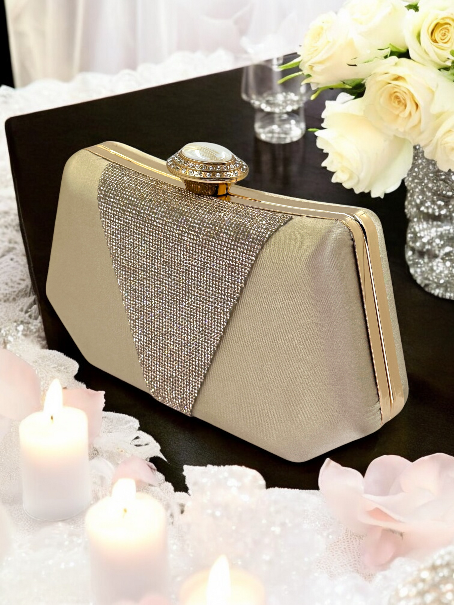 Lüks Saten Abiye Çanta | İnci Detaylı Kristal Gece Clutch