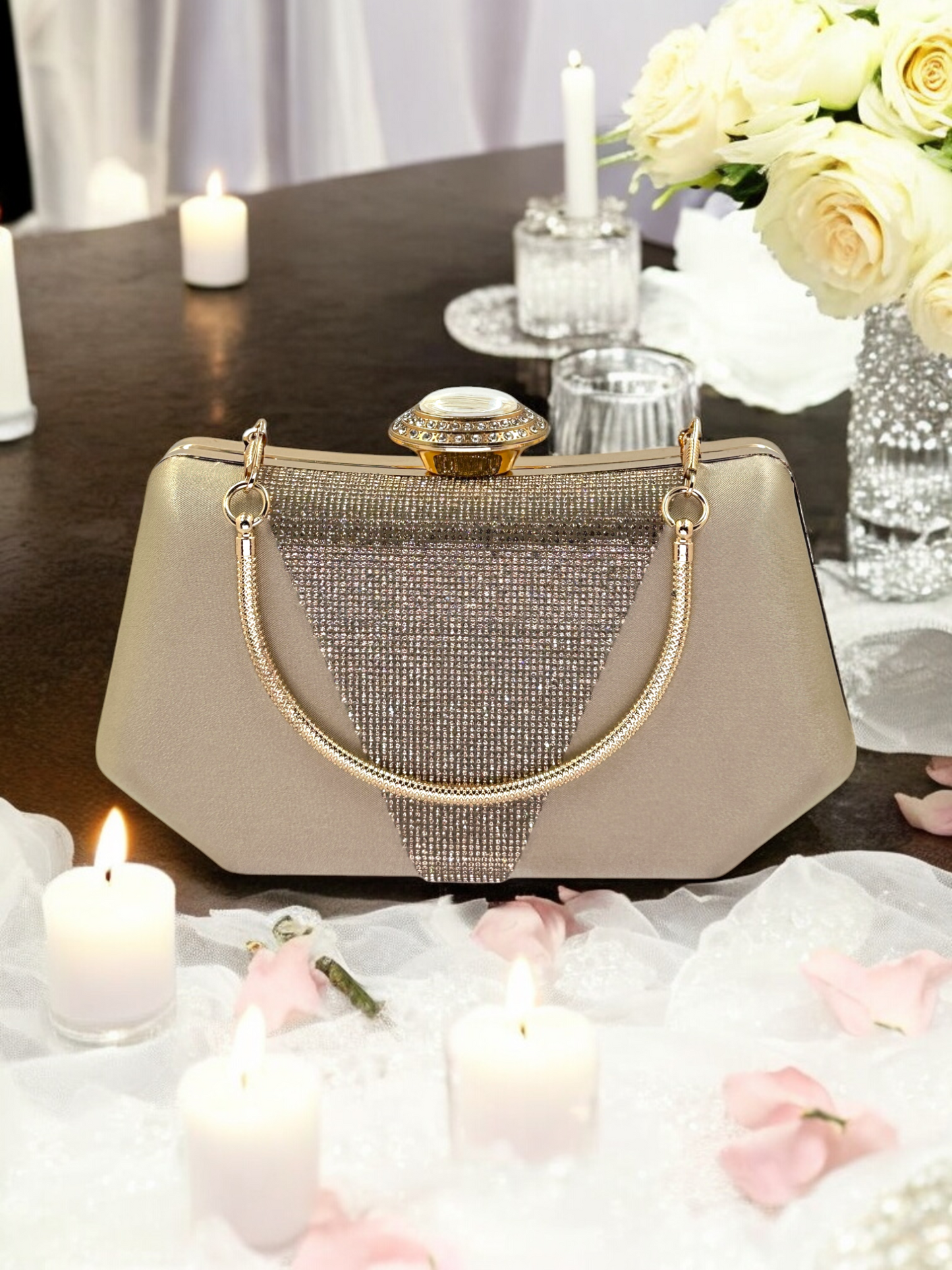 Lüks Saten Abiye Çanta | İnci Detaylı Kristal Gece Clutch