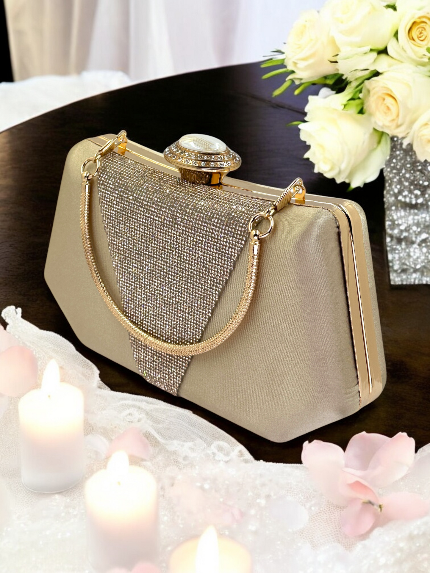 Lüks Saten Abiye Çanta | İnci Detaylı Kristal Gece Clutch