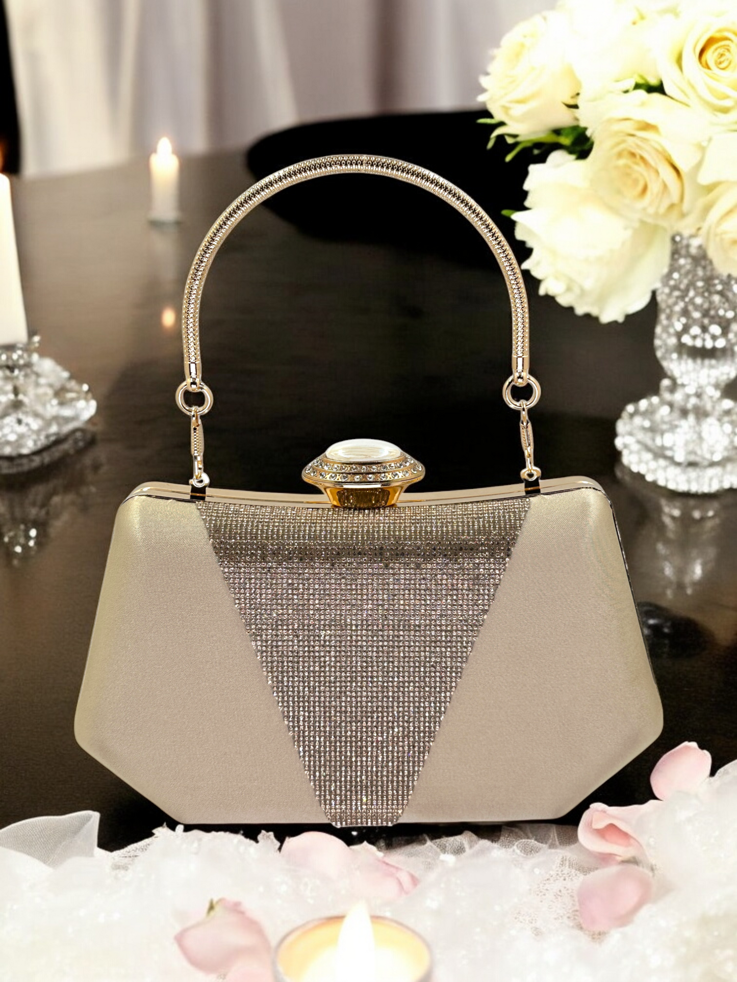 Lüks Saten Abiye Çanta | İnci Detaylı Kristal Gece Clutch