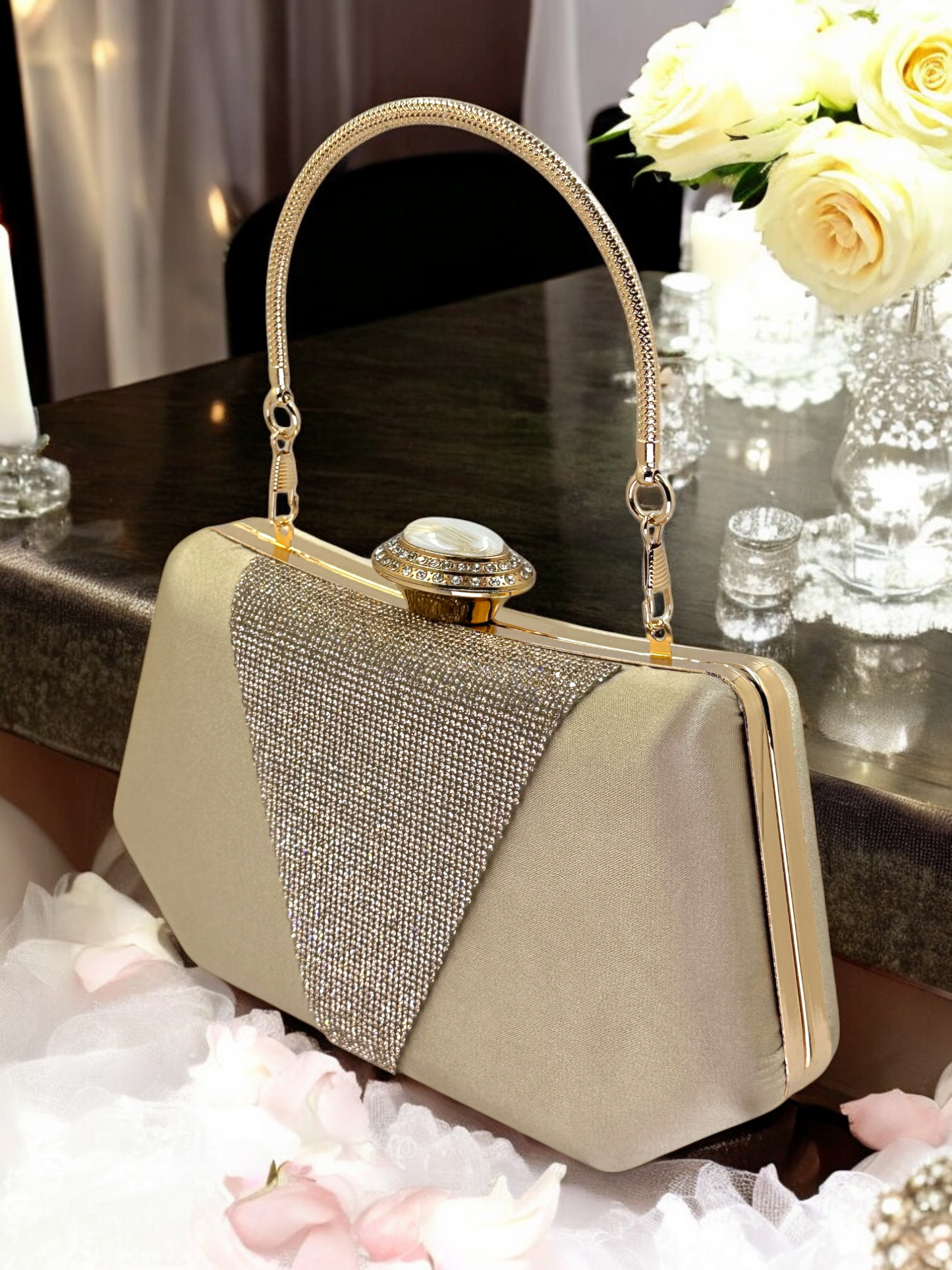 Lüks Saten Abiye Çanta | İnci Detaylı Kristal Gece Clutch