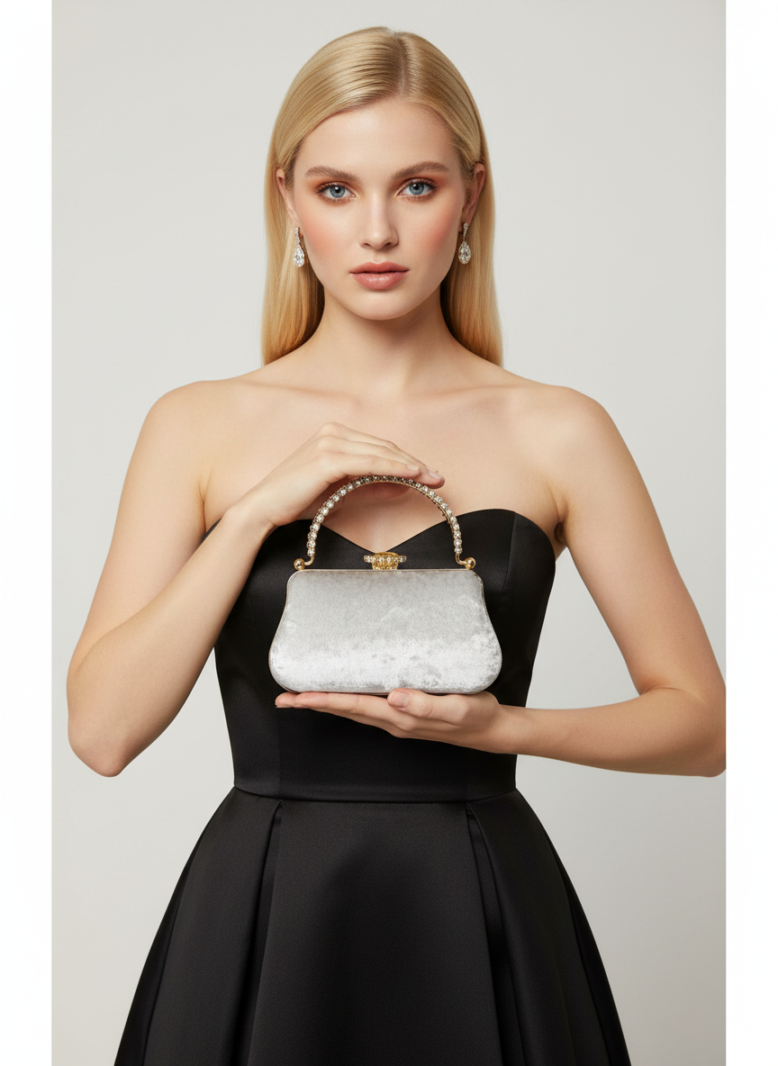 Lüks Kadife İnci İşlemeli Abiye Çanta | Gece ve Düğün Çantası