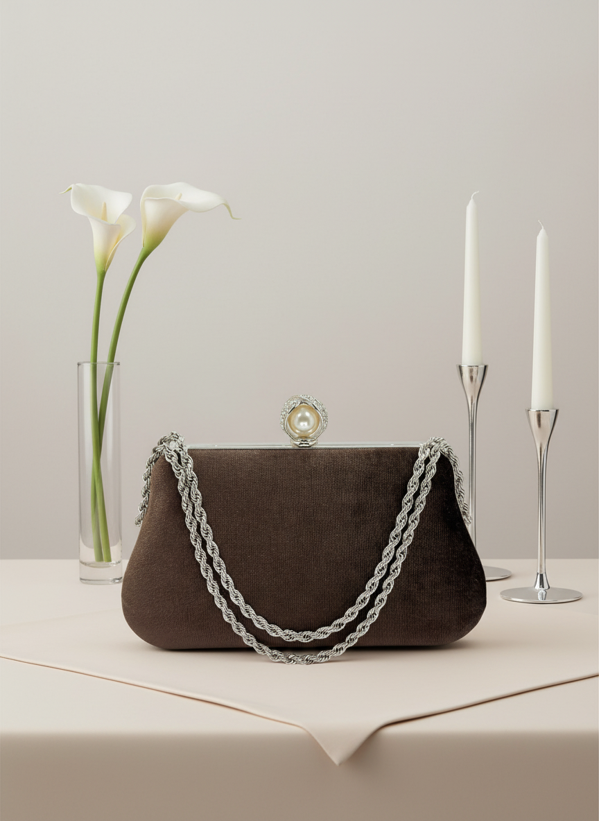 Lüks Kadife Zincir Ve İnci İşlemeli Abiye Çanta | Gece ve Düğün Çantası