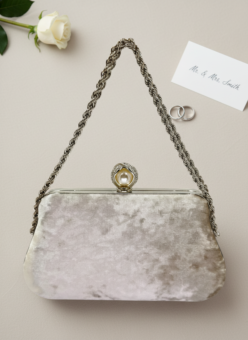 Lüks Kadife Zincir Ve İnci İşlemeli Abiye Çanta | Gece ve Düğün Çantası