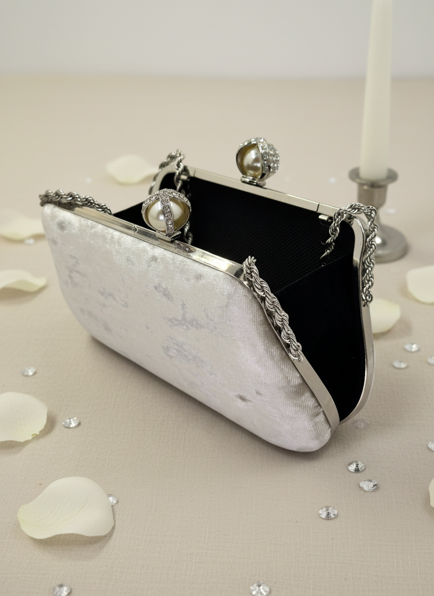 Lüks Kadife Zincir Ve İnci İşlemeli Abiye Çanta | Gece ve Düğün Çantası