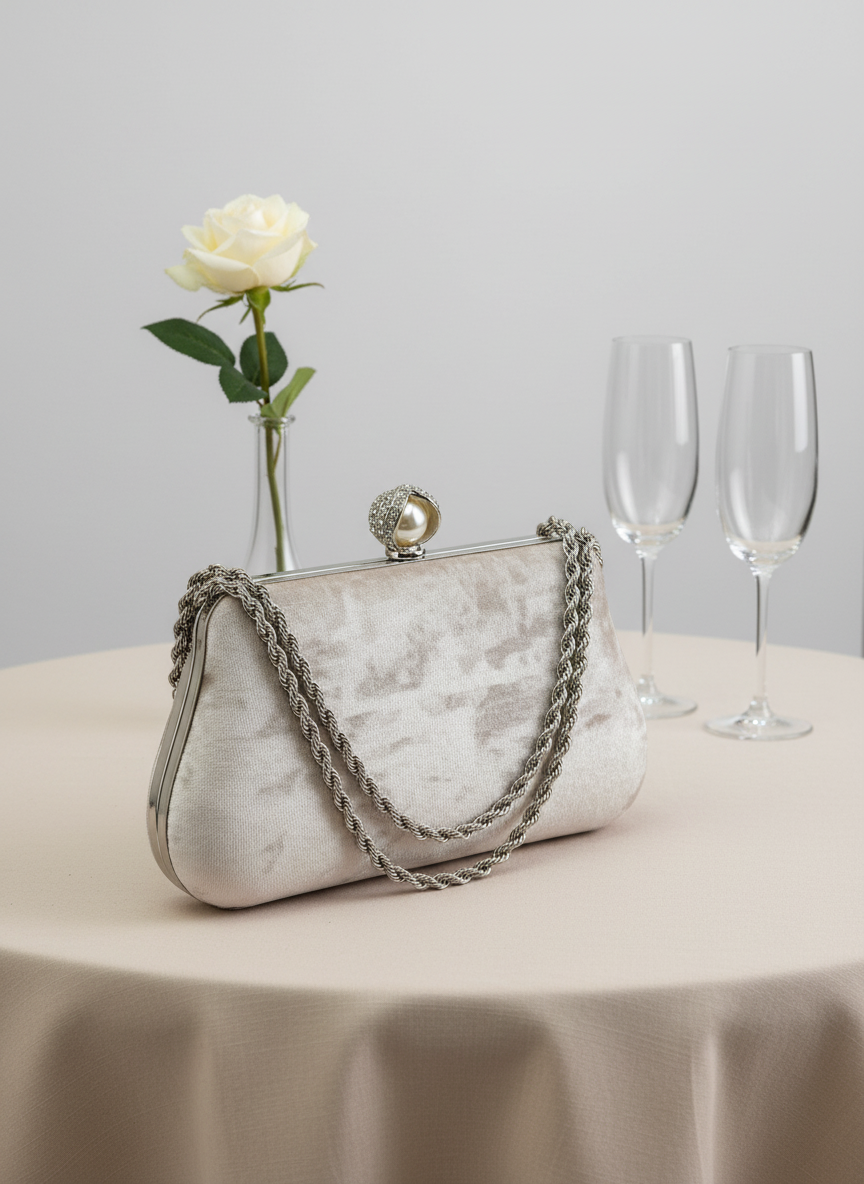 Lüks Kadife Zincir Ve İnci İşlemeli Abiye Çanta | Gece ve Düğün Çantası