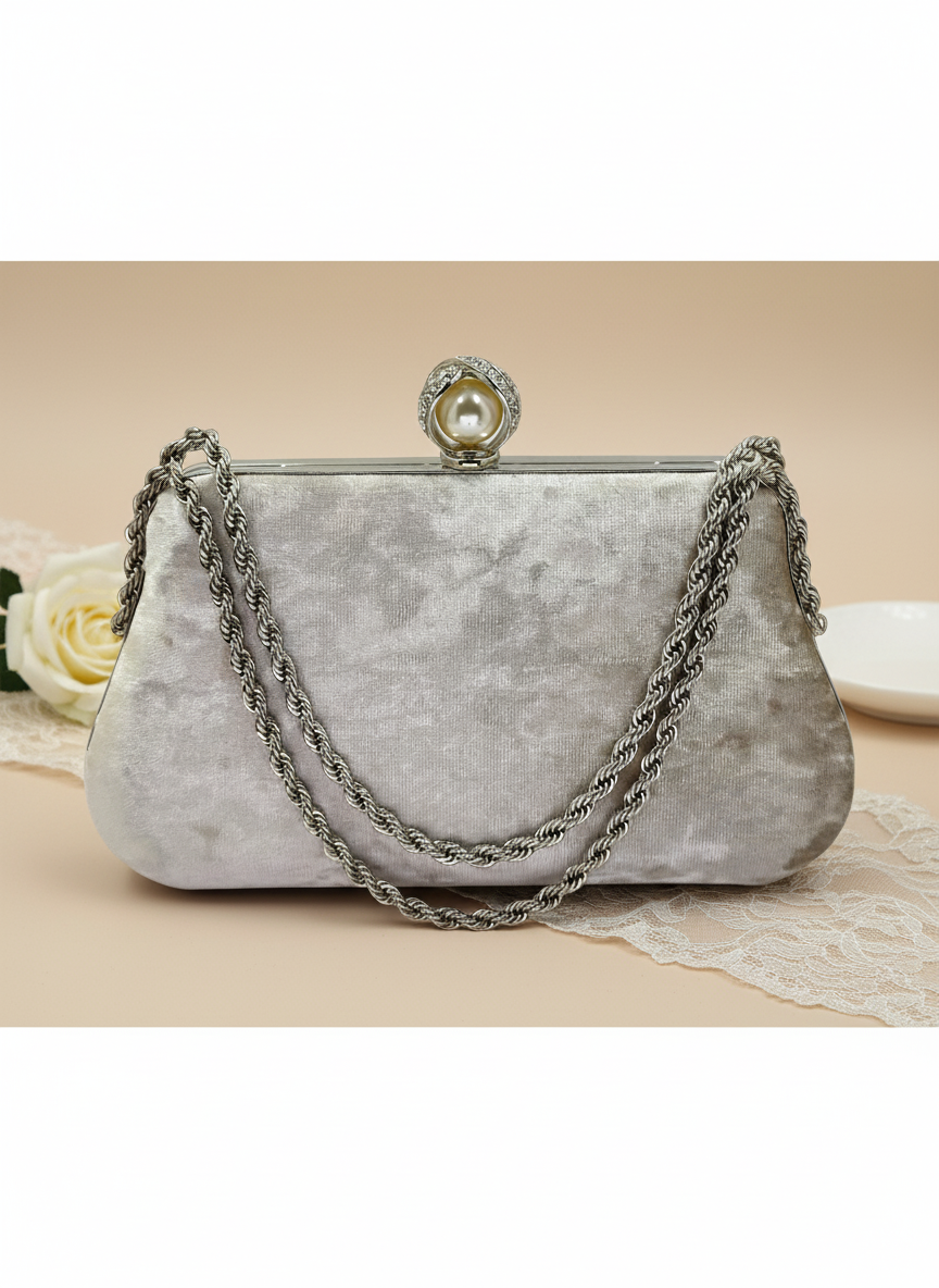 Lüks Kadife Zincir Ve İnci İşlemeli Abiye Çanta | Gece ve Düğün Çantası