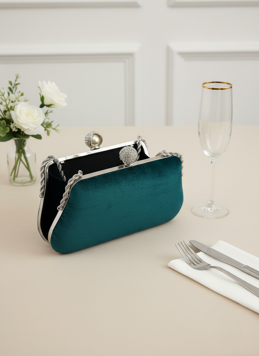 Lüks Kadife Zincir Ve İnci İşlemeli Abiye Çanta | Gece ve Düğün Çantası