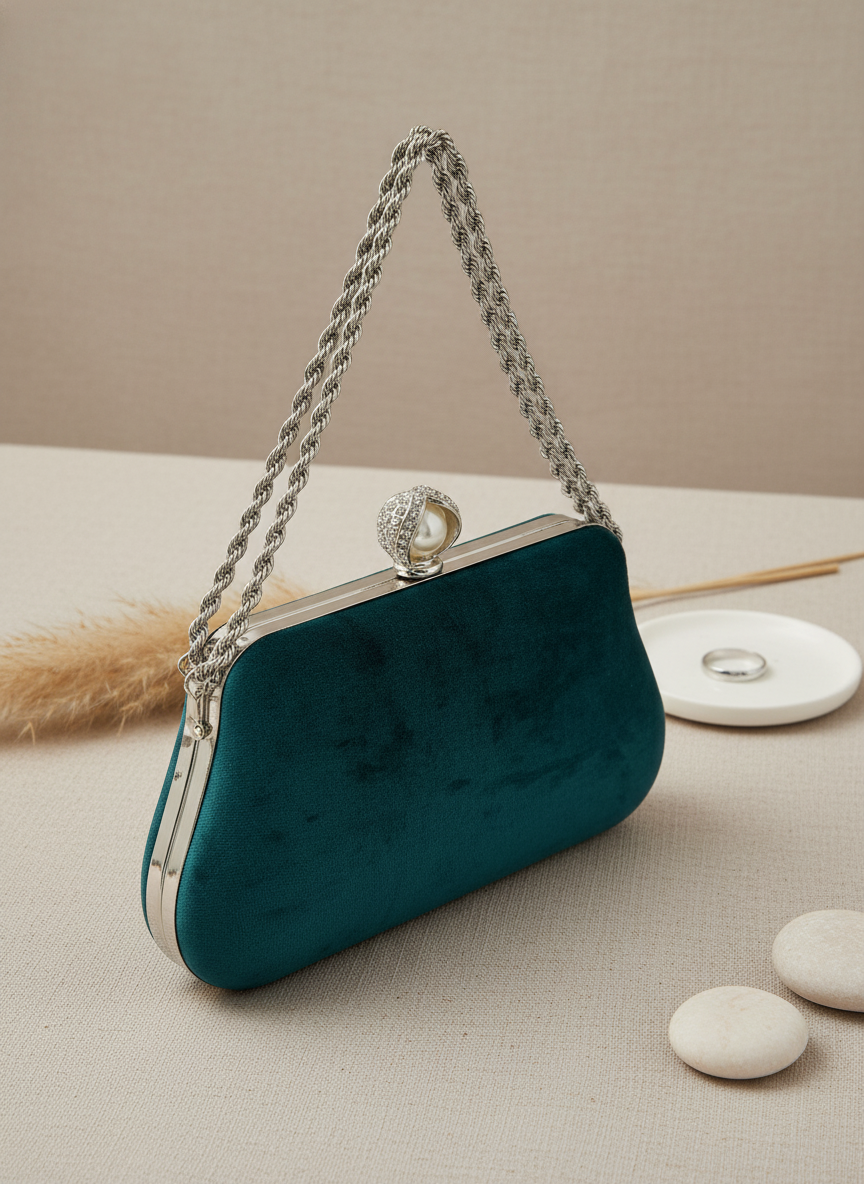 Lüks Kadife Zincir Ve İnci İşlemeli Abiye Çanta | Gece ve Düğün Çantası