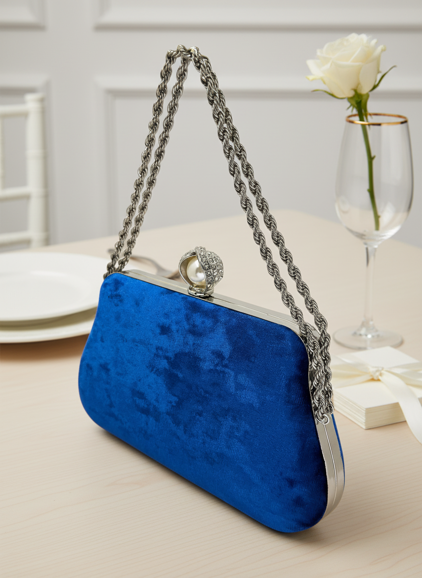 Lüks Kadife Zincir Ve İnci İşlemeli Abiye Çanta | Gece ve Düğün Çantası