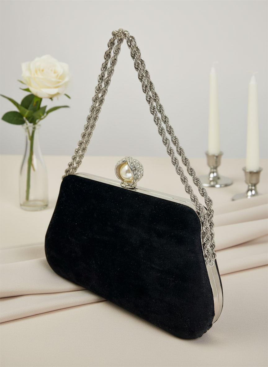 Lüks Kadife Zincir Ve İnci İşlemeli Abiye Çanta | Gece ve Düğün Çantası
