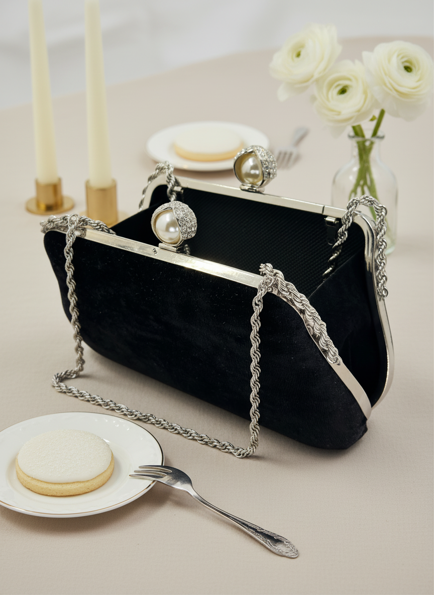 Lüks Kadife Zincir Ve İnci İşlemeli Abiye Çanta | Gece ve Düğün Çantası