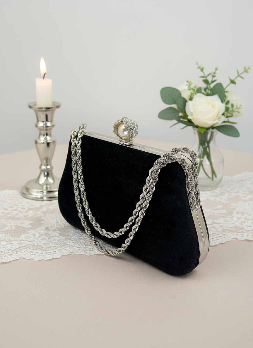 Lüks Kadife Zincir Ve İnci İşlemeli Abiye Çanta | Gece ve Düğün Çantası