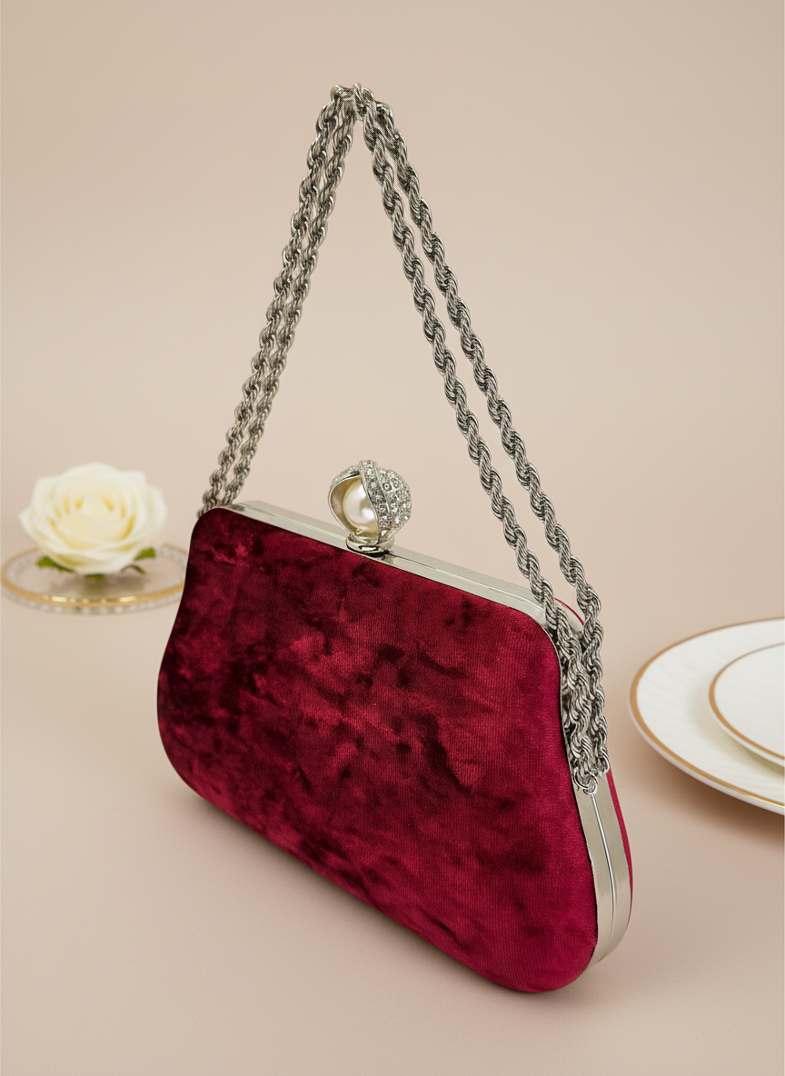 Lüks Kadife Zincir Ve İnci İşlemeli Abiye Çanta | Gece ve Düğün Çantası