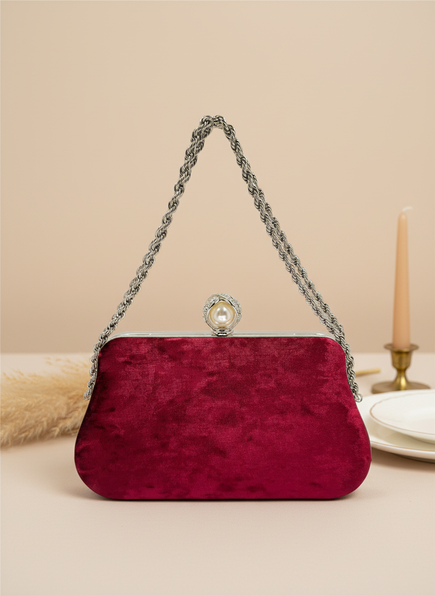 Lüks Kadife Zincir Ve İnci İşlemeli Abiye Çanta | Gece ve Düğün Çantası