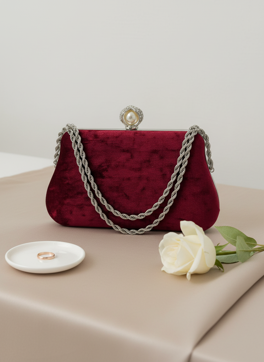 Lüks Kadife Zincir Ve İnci İşlemeli Abiye Çanta | Gece ve Düğün Çantası